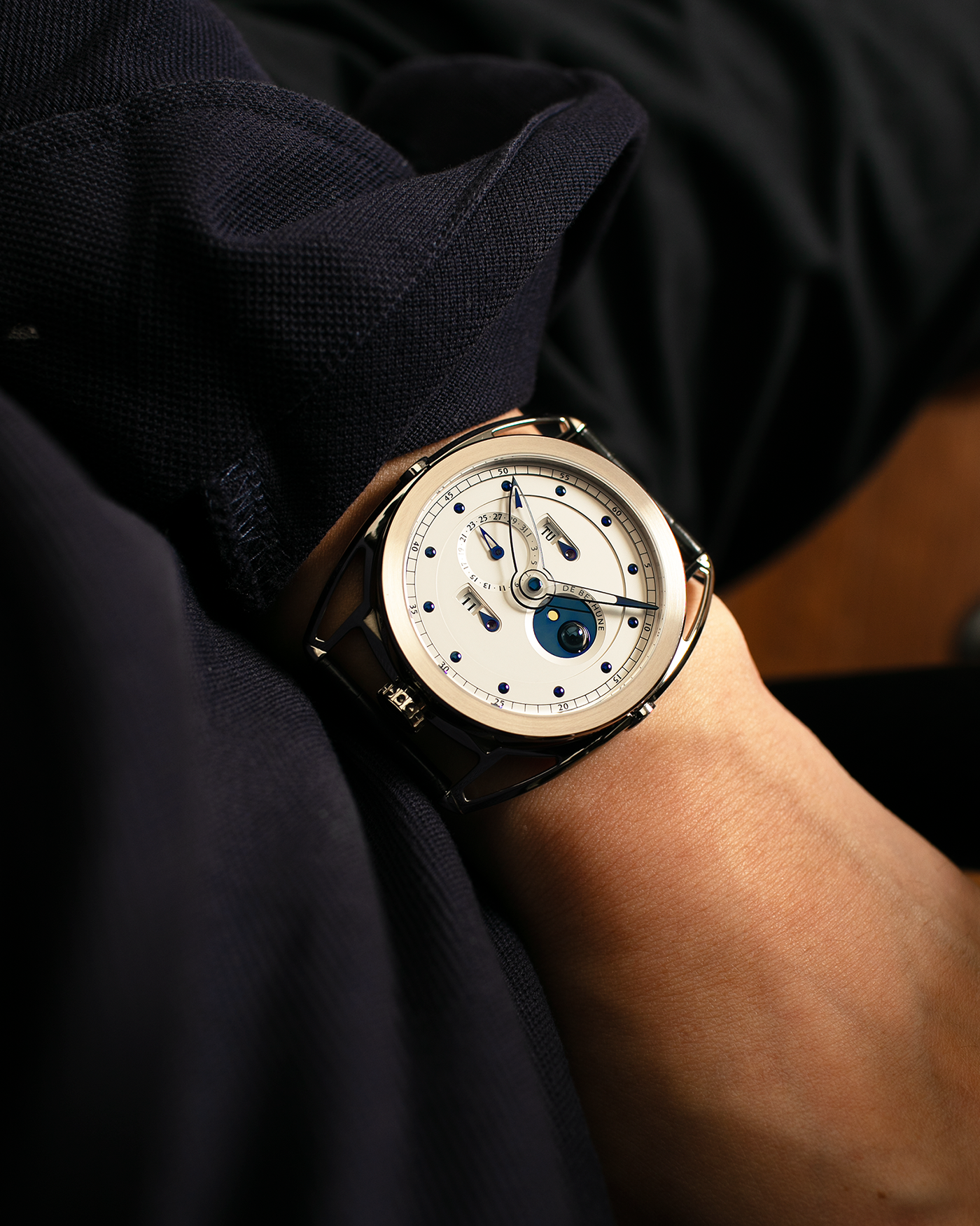 Brand: De Bethune
Year: 2008
Model: Perpetual Calendar Moonphase DB26RS1
Case Material: 18k White Gold, Titanium Lugs
Movement: Manual Winding DB205
Case Dimensions: 44.4mm Diameter 12.8mm Thickness
Strap: De Bethune Black Alligator Strap and De Bethune 18k White Gold Tang Buckle