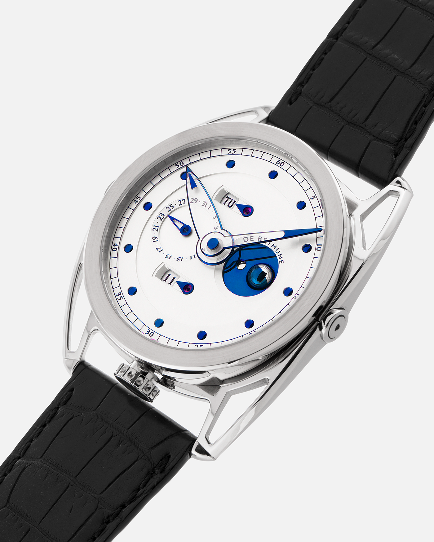 Brand: De Bethune
Year: 2008
Model: Perpetual Calendar Moonphase DB26RS1
Case Material: 18k White Gold, Titanium Lugs
Movement: Manual Winding DB205
Case Dimensions: 44.4mm Diameter 12.8mm Thickness
Strap: De Bethune Black Alligator Strap and De Bethune 18k White Gold Tang Buckle