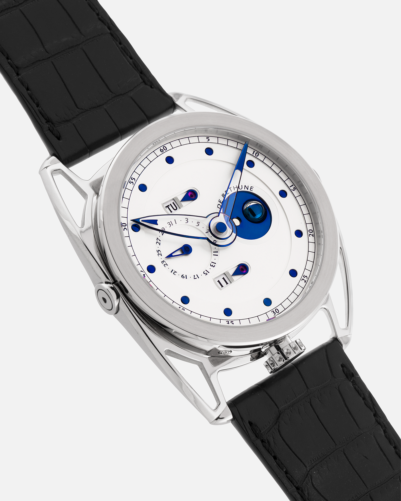 Brand: De Bethune
Year: 2008
Model: Perpetual Calendar Moonphase DB26RS1
Case Material: 18k White Gold, Titanium Lugs
Movement: Manual Winding DB205
Case Dimensions: 44.4mm Diameter 12.8mm Thickness
Strap: De Bethune Black Alligator Strap and De Bethune 18k White Gold Tang Buckle