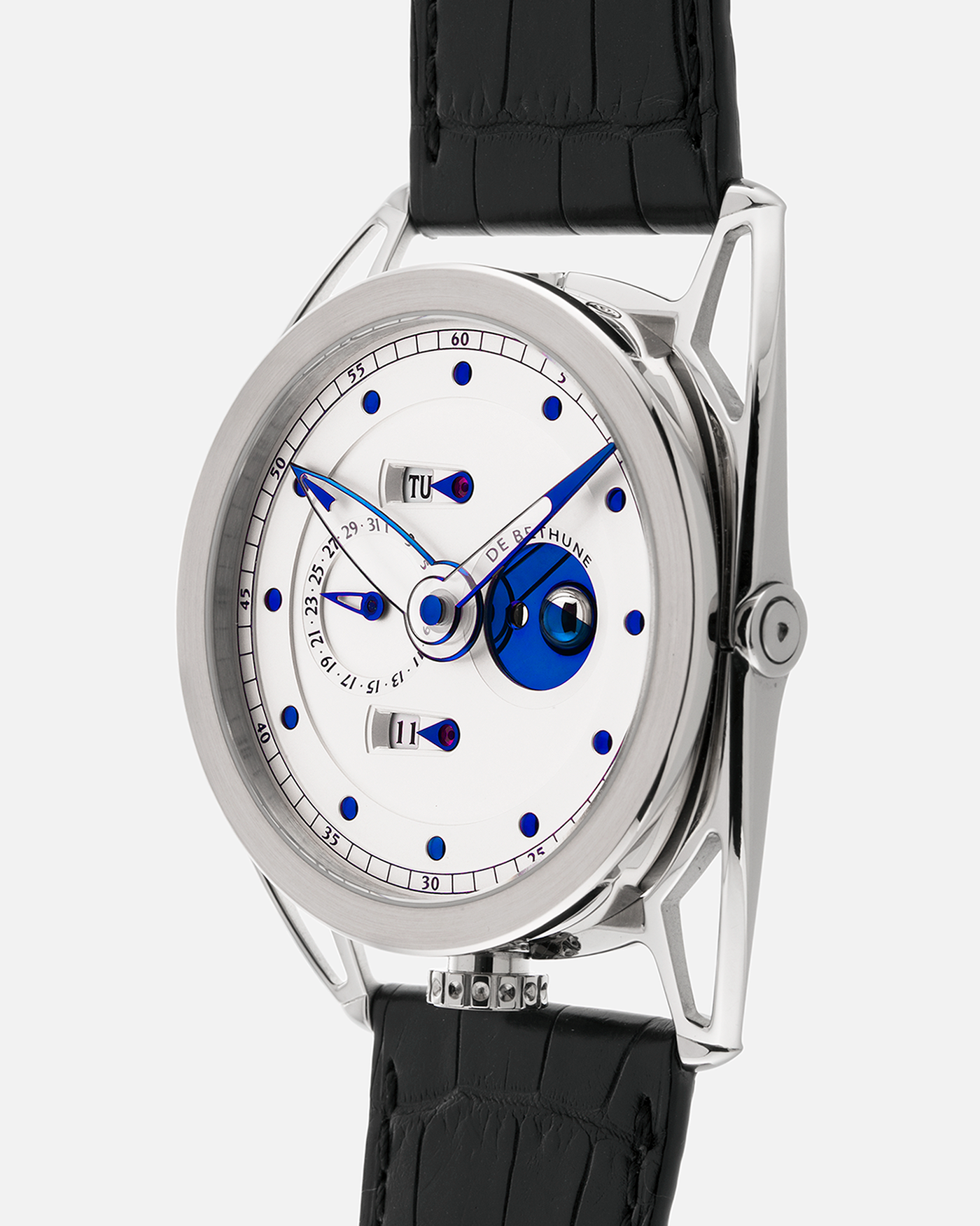 Brand: De Bethune
Year: 2008
Model: Perpetual Calendar Moonphase DB26RS1
Case Material: 18k White Gold, Titanium Lugs
Movement: Manual Winding DB205
Case Dimensions: 44.4mm Diameter 12.8mm Thickness
Strap: De Bethune Black Alligator Strap and De Bethune 18k White Gold Tang Buckle