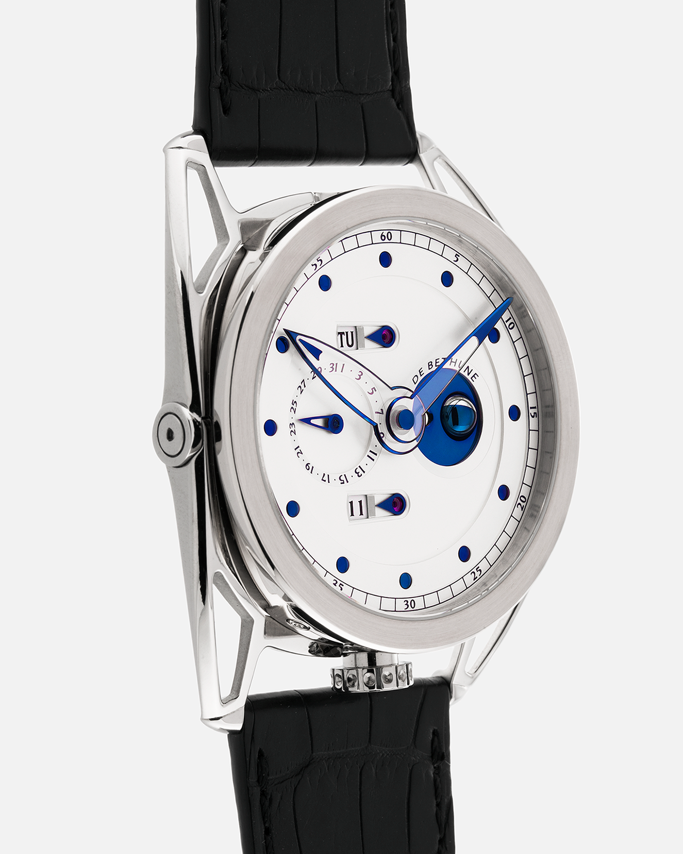 Brand: De Bethune
Year: 2008
Model: Perpetual Calendar Moonphase DB26RS1
Case Material: 18k White Gold, Titanium Lugs
Movement: Manual Winding DB205
Case Dimensions: 44.4mm Diameter 12.8mm Thickness
Strap: De Bethune Black Alligator Strap and De Bethune 18k White Gold Tang Buckle