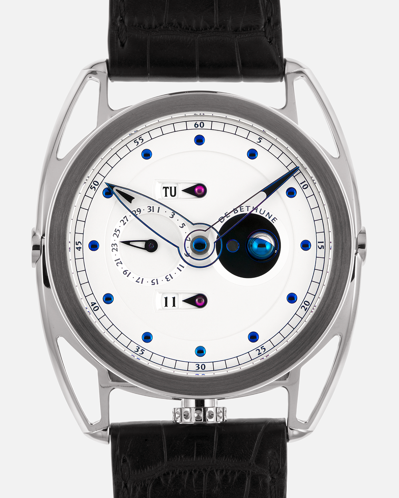Brand: De Bethune
Year: 2008
Model: Perpetual Calendar Moonphase DB26RS1
Case Material: 18k White Gold, Titanium Lugs
Movement: Manual Winding DB205
Case Dimensions: 44.4mm Diameter 12.8mm Thickness
Strap: De Bethune Black Alligator Strap and De Bethune 18k White Gold Tang Buckle