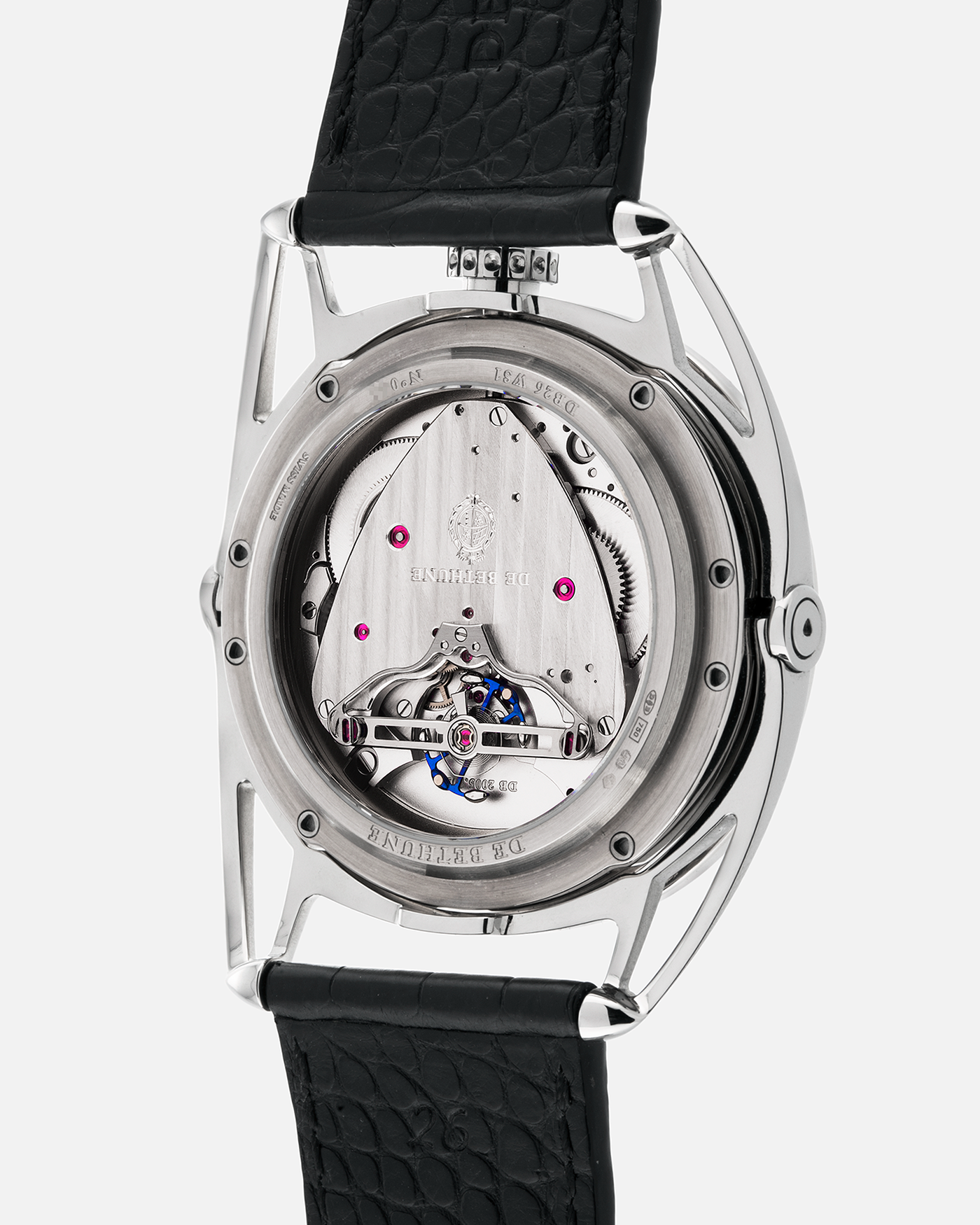 Brand: De Bethune
Year: 2008
Model: Perpetual Calendar Moonphase DB26RS1
Case Material: 18k White Gold, Titanium Lugs
Movement: Manual Winding DB205
Case Dimensions: 44.4mm Diameter 12.8mm Thickness
Strap: De Bethune Black Alligator Strap and De Bethune 18k White Gold Tang Buckle