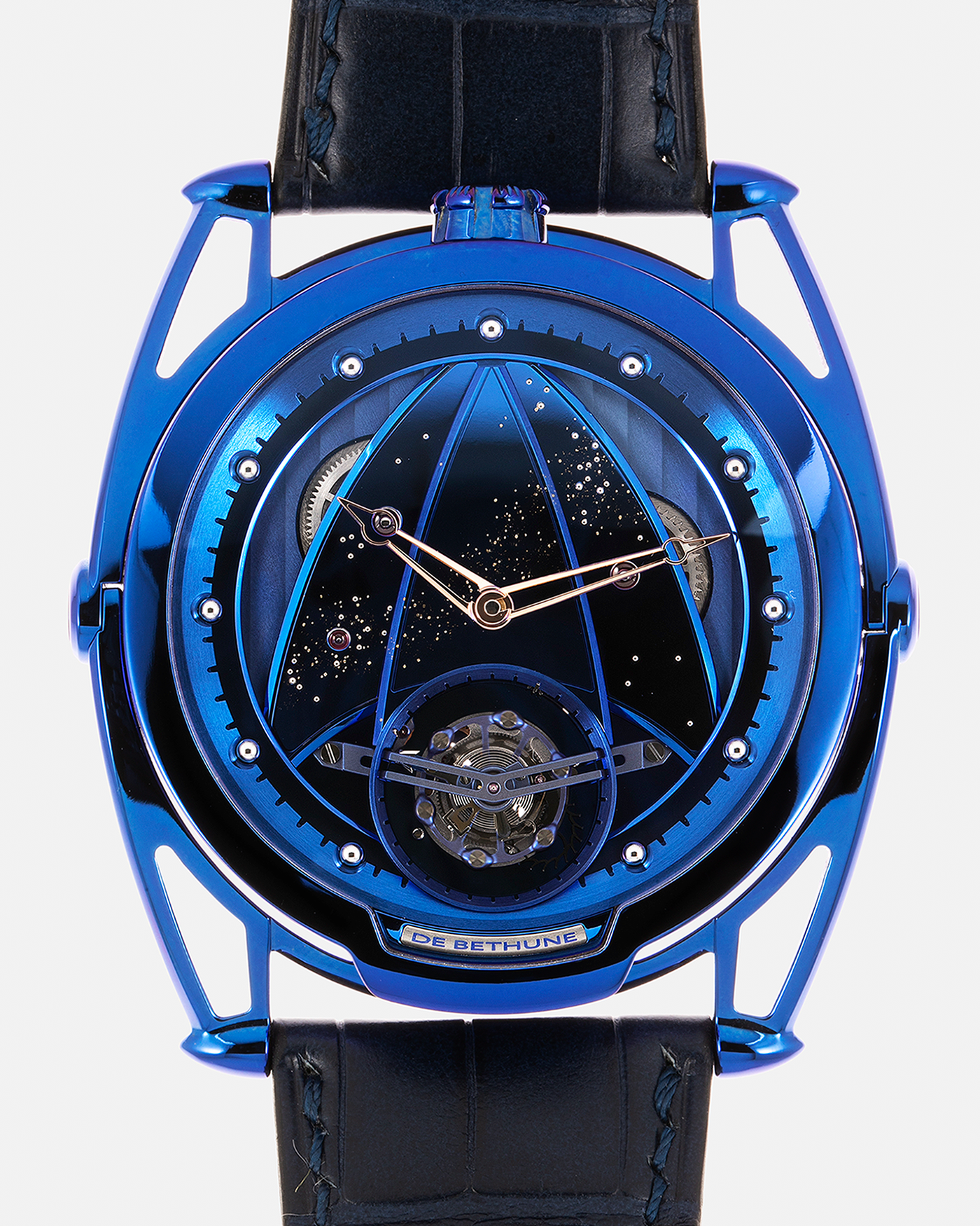 Brand: De Bethune Year: 2021 Model: Tourbillon Reference: DB28 ‘Kind of Blue’ Milky Way, Limited Edition of 5 Pieces Material: Blued Grade 5 Titanium Movement: Cal. DB2019, Manual-Winding Case Diameter: 43mm Strap: De Bethune Dark Blue Alligator Leather Strap with Signed Blued Titanium Tang Buckle, with additional De Bethune Dark Blue Tungsten Lizard Leather Strap