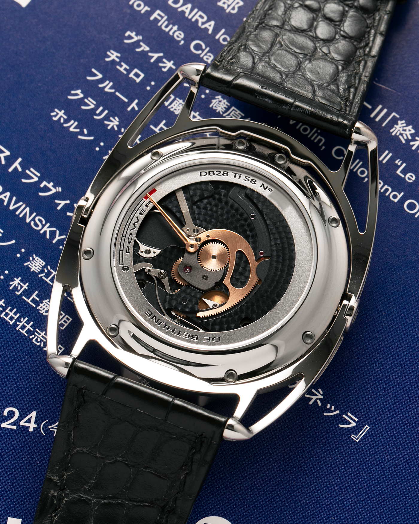 Brand: De Bethune
Year: 2021
Model: DB28TIS8C6PN
Reference: DB28 Titanium
Material: Grade 5 Titanium
Movement: De Bethune Cal. DB2115, Manual-Winding
Case Dimensions: 42.6mm x 9.3mm (Lug-to-Lug 58.3mm)
Lug Width: 26mm
Strap: De Bethune Black Alligator Leather Strap with Signed Titanium Tang Buckle 