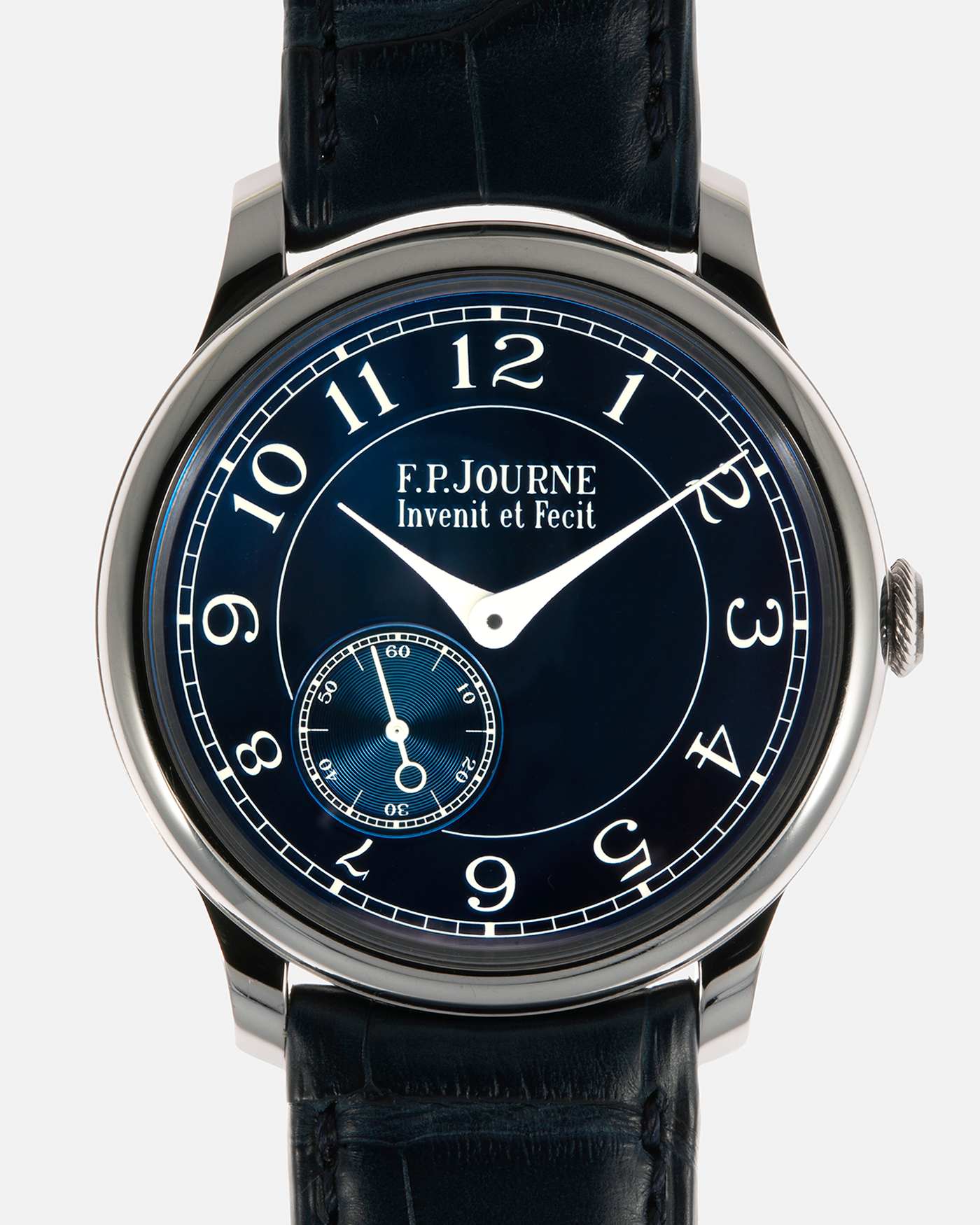 Brand: F.P. Journe
Year: 2012
Model: Chronomètre Bleu
Reference: 431-CB
Material: Tantalum Case, 18-carat Rose Gold Movement
Movement: F.P. Journe Cal. 1304, Manual-Winding
Case Dimensions: 39mm x 8.6mm (Lug-to-Lug 46mm)
Lug Width: 20mm
Straps: F.P. Journe Dark Navy Alligator Leather Strap with Signed Tantalum Tang Buckle, with extra F.P. Journe Tanned Alligator Leather Strap and a Generic Navy Blue Leather Strap with Contrasting Stitching