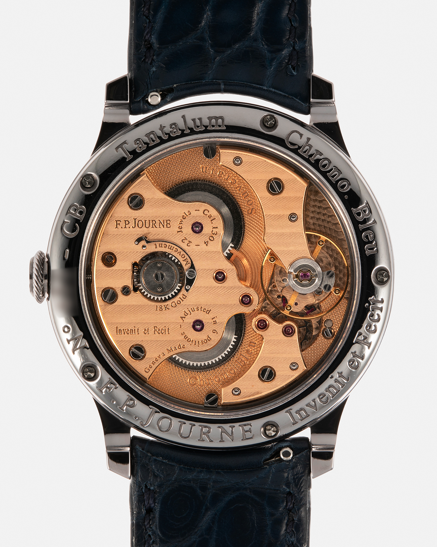 Brand: F.P. Journe
Year: 2012
Model: Chronomètre Bleu
Reference: 431-CB
Material: Tantalum Case, 18-carat Rose Gold Movement
Movement: F.P. Journe Cal. 1304, Manual-Winding
Case Dimensions: 39mm x 8.6mm (Lug-to-Lug 46mm)
Lug Width: 20mm
Straps: F.P. Journe Dark Navy Alligator Leather Strap with Signed Tantalum Tang Buckle, with extra F.P. Journe Tanned Alligator Leather Strap and a Generic Navy Blue Leather Strap with Contrasting Stitching