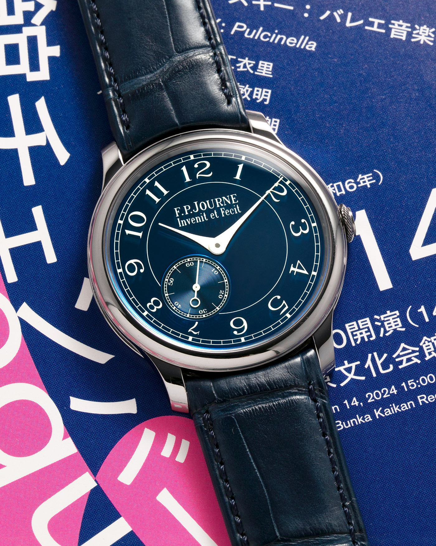 Brand: F.P. Journe
Year: 2012
Model: Chronomètre Bleu
Reference: 431-CB
Material: Tantalum Case, 18-carat Rose Gold Movement
Movement: F.P. Journe Cal. 1304, Manual-Winding
Case Dimensions: 39mm x 8.6mm (Lug-to-Lug 46mm)
Lug Width: 20mm
Straps: F.P. Journe Dark Navy Alligator Leather Strap with Signed Tantalum Tang Buckle, with extra F.P. Journe Tanned Alligator Leather Strap and a Generic Navy Blue Leather Strap with Contrasting Stitching