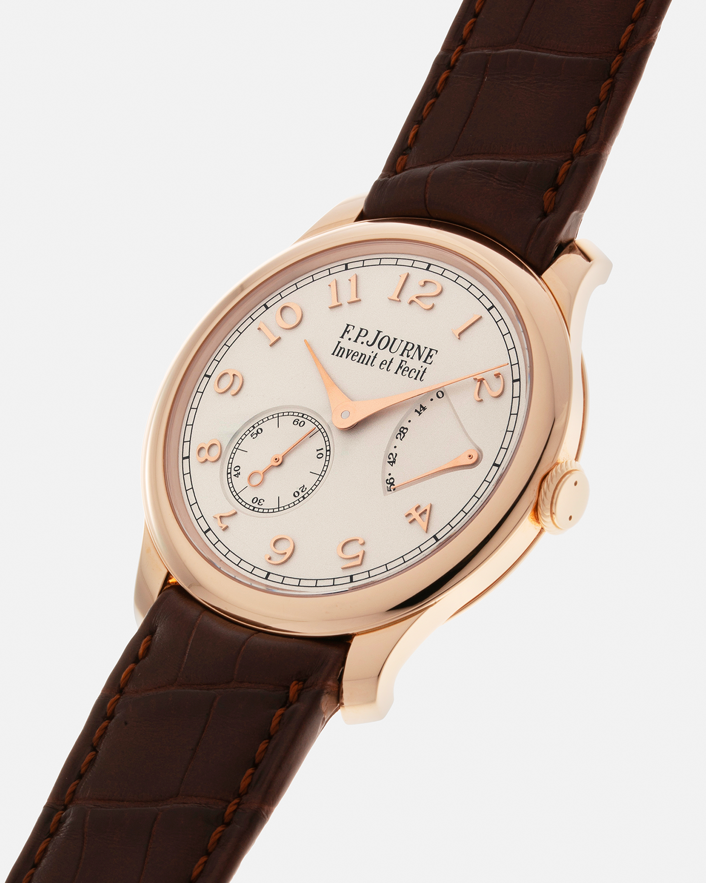 Brand: F.P. Journe Year: 2021 Model: Chronomètre Souverain Material: 18-carat Rose Gold Movement: F.P Journe Cal. 1304, Manual-Winding Case Diameter: 40mm Lug Width: 20mm Strap: F.P. Journe Brown Alligator Leather Strap and Signed 18-carat Rose Gold Tang Buckle