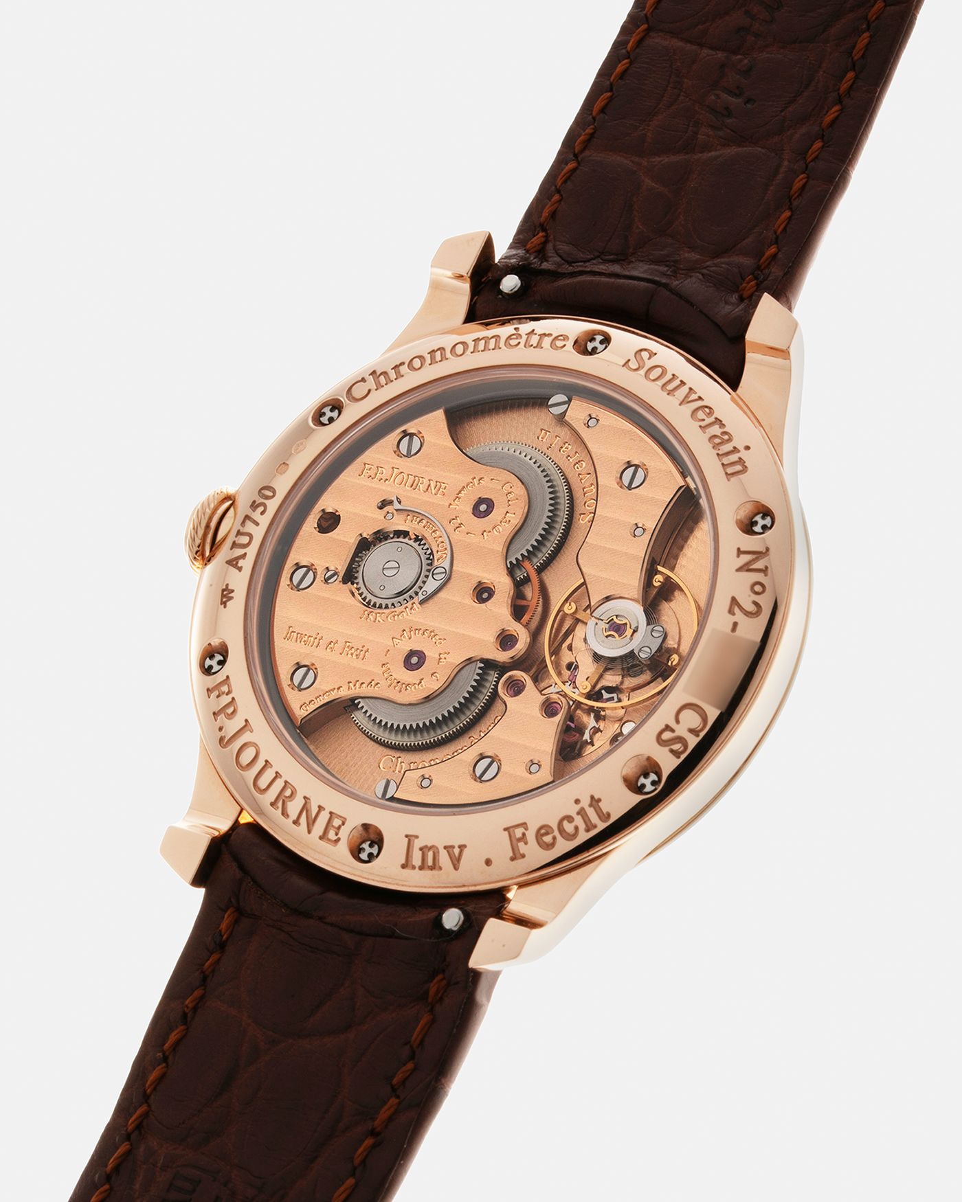 Brand: F.P. Journe Year: 2021 Model: Chronomètre Souverain Material: 18-carat Rose Gold Movement: F.P Journe Cal. 1304, Manual-Winding Case Diameter: 40mm Lug Width: 20mm Strap: F.P. Journe Brown Alligator Leather Strap and Signed 18-carat Rose Gold Tang Buckle