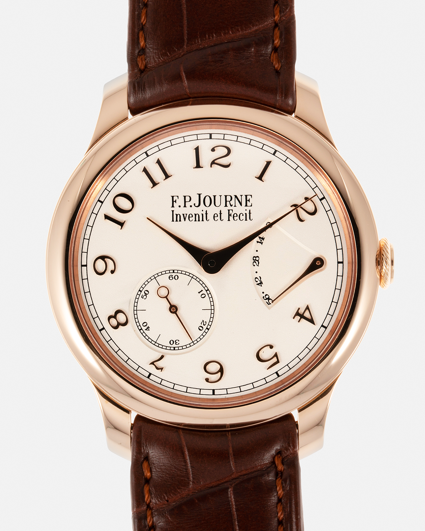 Brand: F.P. Journe Year: 2021 Model: Chronomètre Souverain Material: 18-carat Rose Gold Movement: F.P Journe Cal. 1304, Manual-Winding Case Diameter: 40mm Lug Width: 20mm Strap: F.P. Journe Brown Alligator Leather Strap and Signed 18-carat Rose Gold Tang Buckle