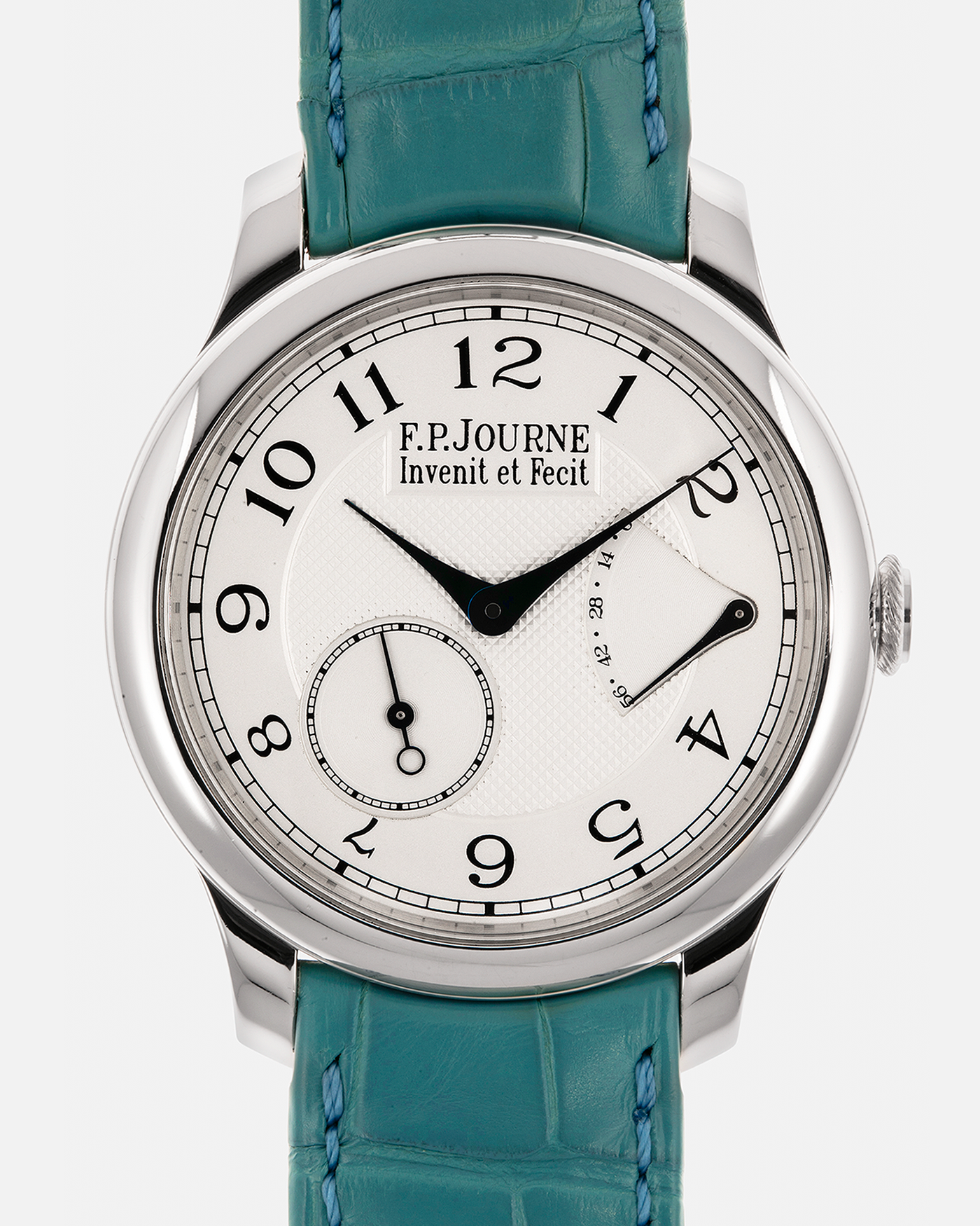 Brand: F.P. Journe
Year: 2010’s
Model: Chronomètre Souverain
Material: Platinum 950 Case, 18-Rose Gold Movement
Movement: F.P Journe Cal. 1304, Manual-Winding
Case Dimensions: 40mm x 8mm (Lug-to-Lug 48.2mm)
Lug Width: 20mm
Strap: F.P Journe Teal Alligator Leather Strap with Signed Platinum 950 Tang Buckle