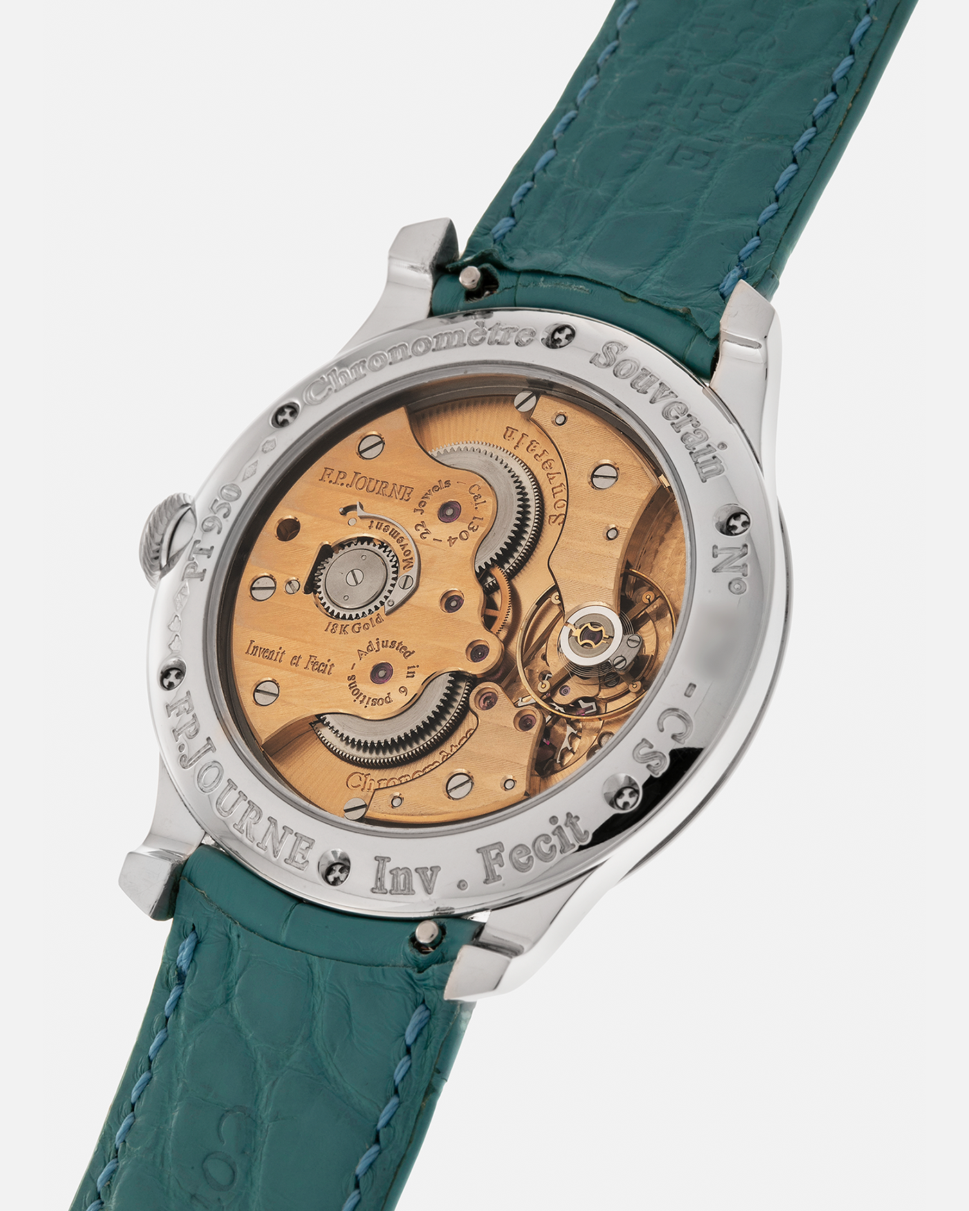 Brand: F.P. Journe
Year: 2010’s
Model: Chronomètre Souverain
Material: Platinum 950 Case, 18-Rose Gold Movement
Movement: F.P Journe Cal. 1304, Manual-Winding
Case Dimensions: 40mm x 8mm (Lug-to-Lug 48.2mm)
Lug Width: 20mm
Strap: F.P Journe Teal Alligator Leather Strap with Signed Platinum 950 Tang Buckle