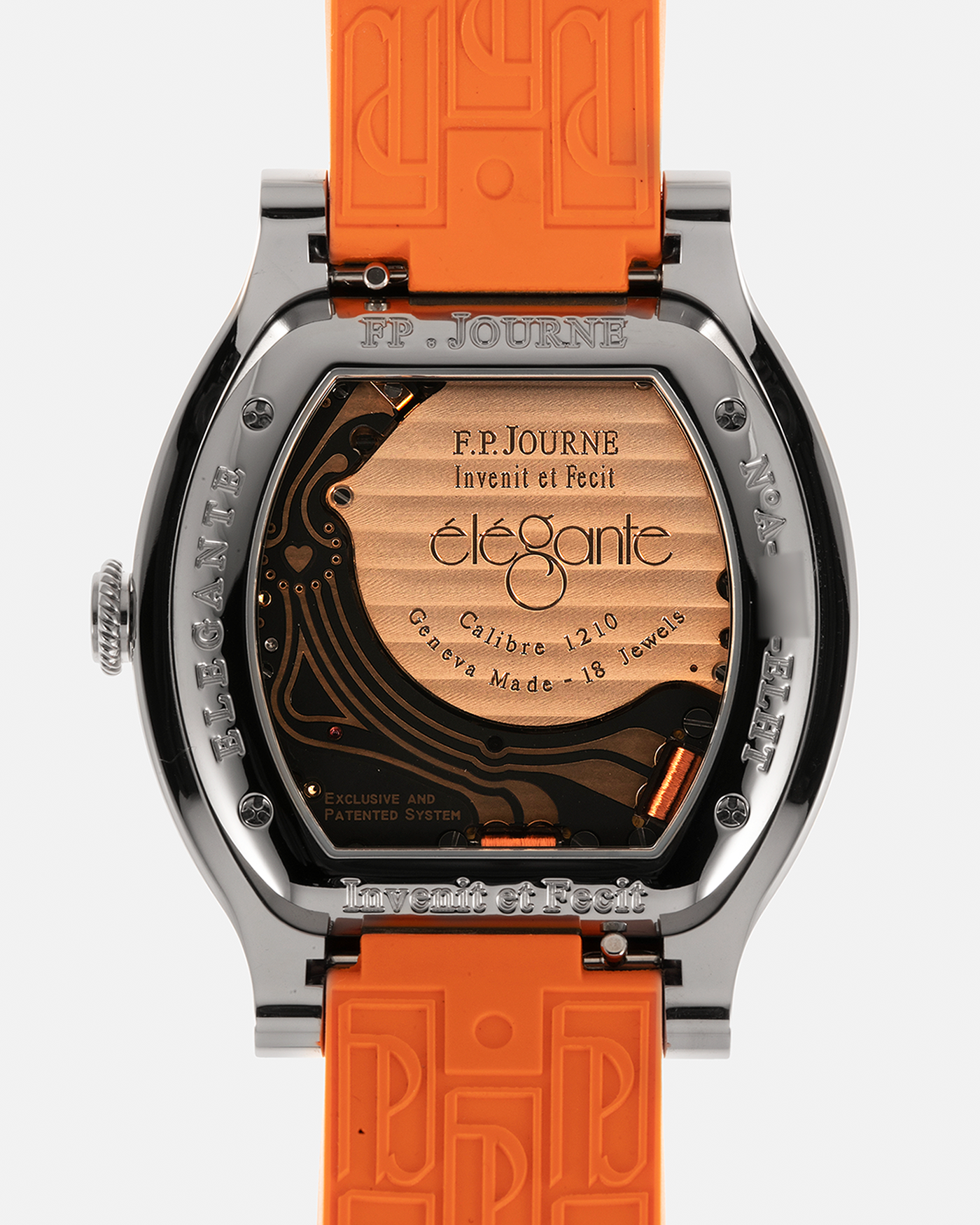 Brand: F.P. Journe
Year: 2021
Model: Elegante 48
Reference: ELHT
Material: Titanium
Movement: F.P. Journe Cal. 1210, Electromechanical Quartz
Case Dimensions: 48mm (Including Lugs) x 40mm x 7.95mm
Lug Width: 18mm
Strap: F.P. Journe Orange Sillicon Rubber Strap with Signed Titanium Tang Buckle