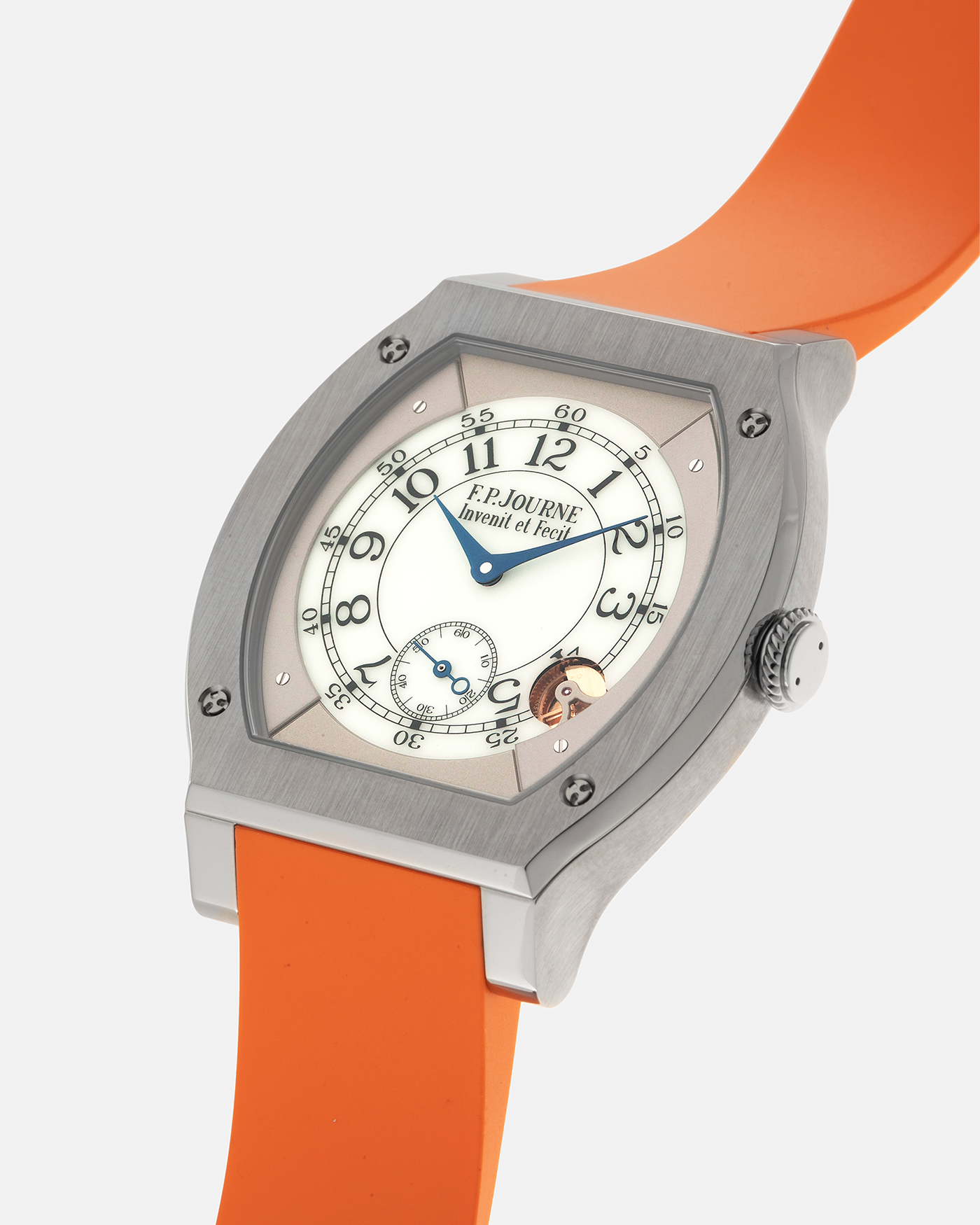 Brand: F.P. Journe
Year: 2021
Model: Elegante 48
Reference: ELHT
Material: Titanium
Movement: F.P. Journe Cal. 1210, Electromechanical Quartz
Case Dimensions: 48mm (Including Lugs) x 40mm x 7.95mm
Lug Width: 18mm
Strap: F.P. Journe Orange Sillicon Rubber Strap with Signed Titanium Tang Buckle