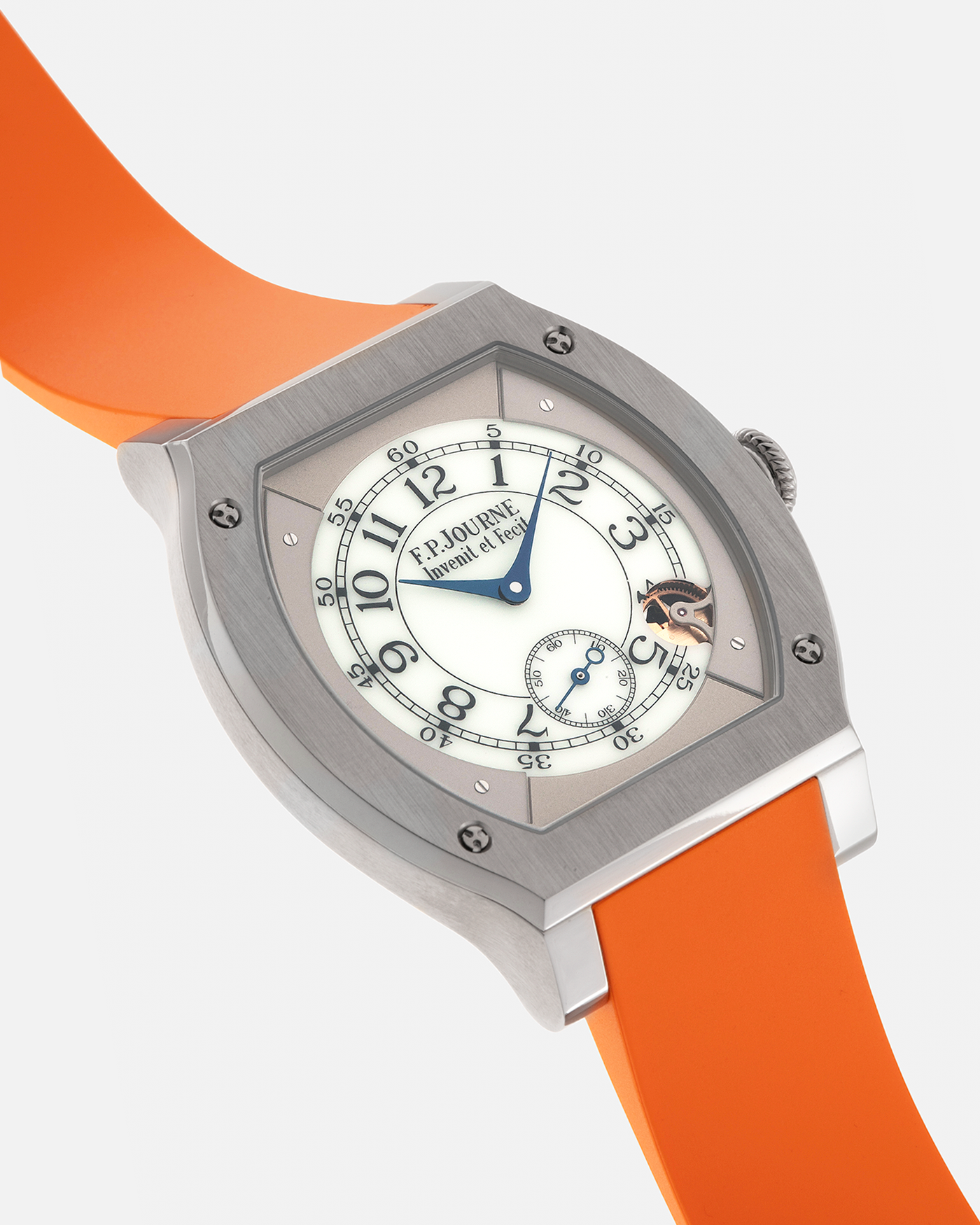 Brand: F.P. Journe
Year: 2021
Model: Elegante 48
Reference: ELHT
Material: Titanium
Movement: F.P. Journe Cal. 1210, Electromechanical Quartz
Case Dimensions: 48mm (Including Lugs) x 40mm x 7.95mm
Lug Width: 18mm
Strap: F.P. Journe Orange Sillicon Rubber Strap with Signed Titanium Tang Buckle