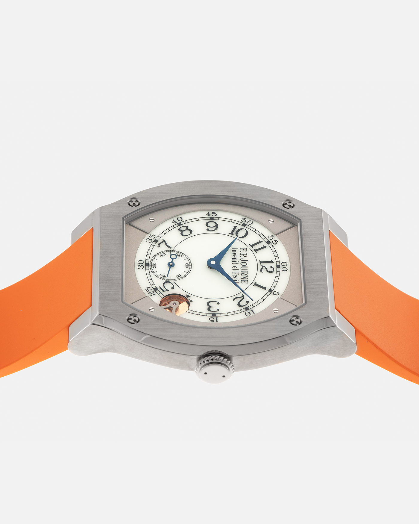 Brand: F.P. Journe
Year: 2021
Model: Elegante 48
Reference: ELHT
Material: Titanium
Movement: F.P. Journe Cal. 1210, Electromechanical Quartz
Case Dimensions: 48mm (Including Lugs) x 40mm x 7.95mm
Lug Width: 18mm
Strap: F.P. Journe Orange Sillicon Rubber Strap with Signed Titanium Tang Buckle