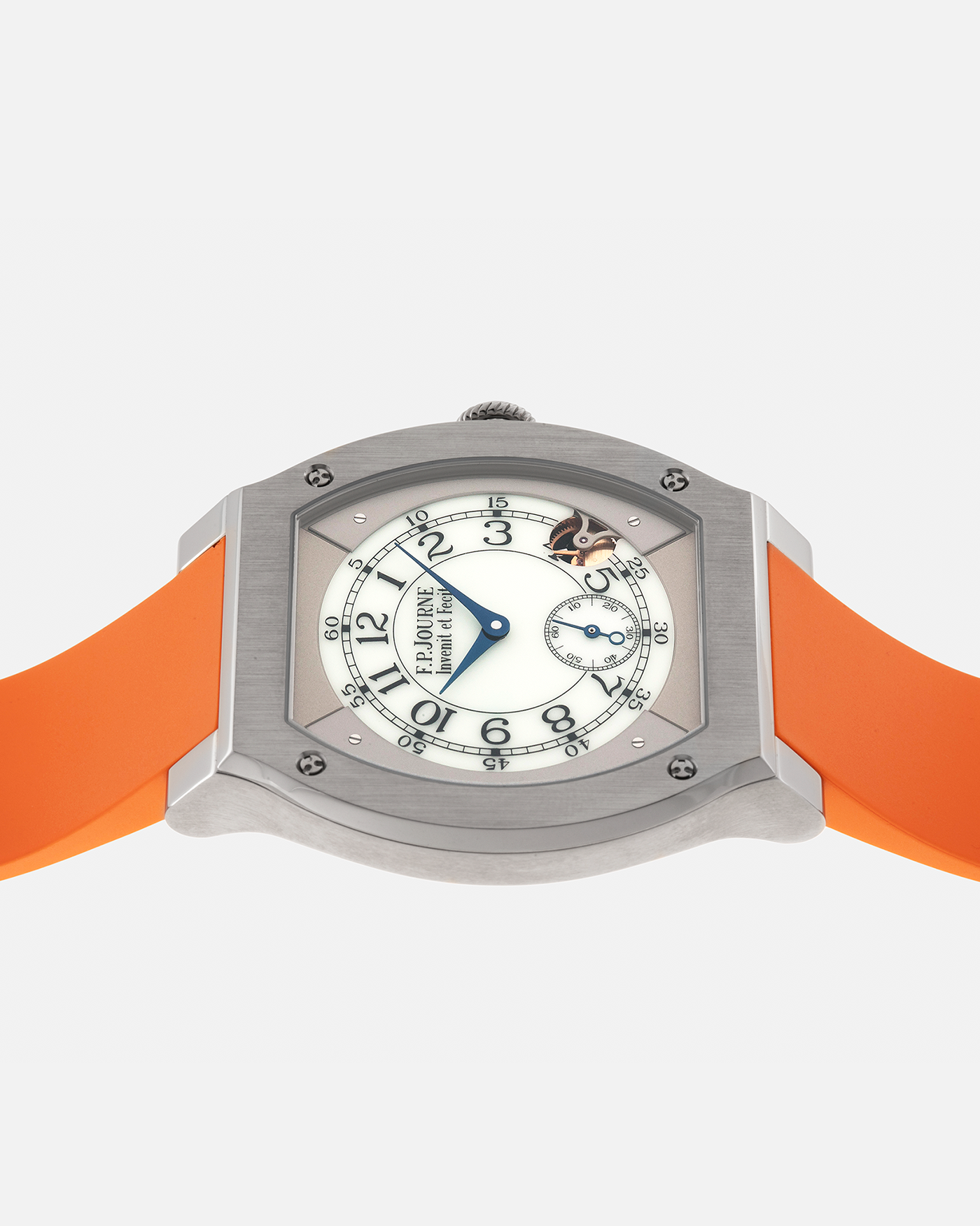 Brand: F.P. Journe
Year: 2021
Model: Elegante 48
Reference: ELHT
Material: Titanium
Movement: F.P. Journe Cal. 1210, Electromechanical Quartz
Case Dimensions: 48mm (Including Lugs) x 40mm x 7.95mm
Lug Width: 18mm
Strap: F.P. Journe Orange Sillicon Rubber Strap with Signed Titanium Tang Buckle
