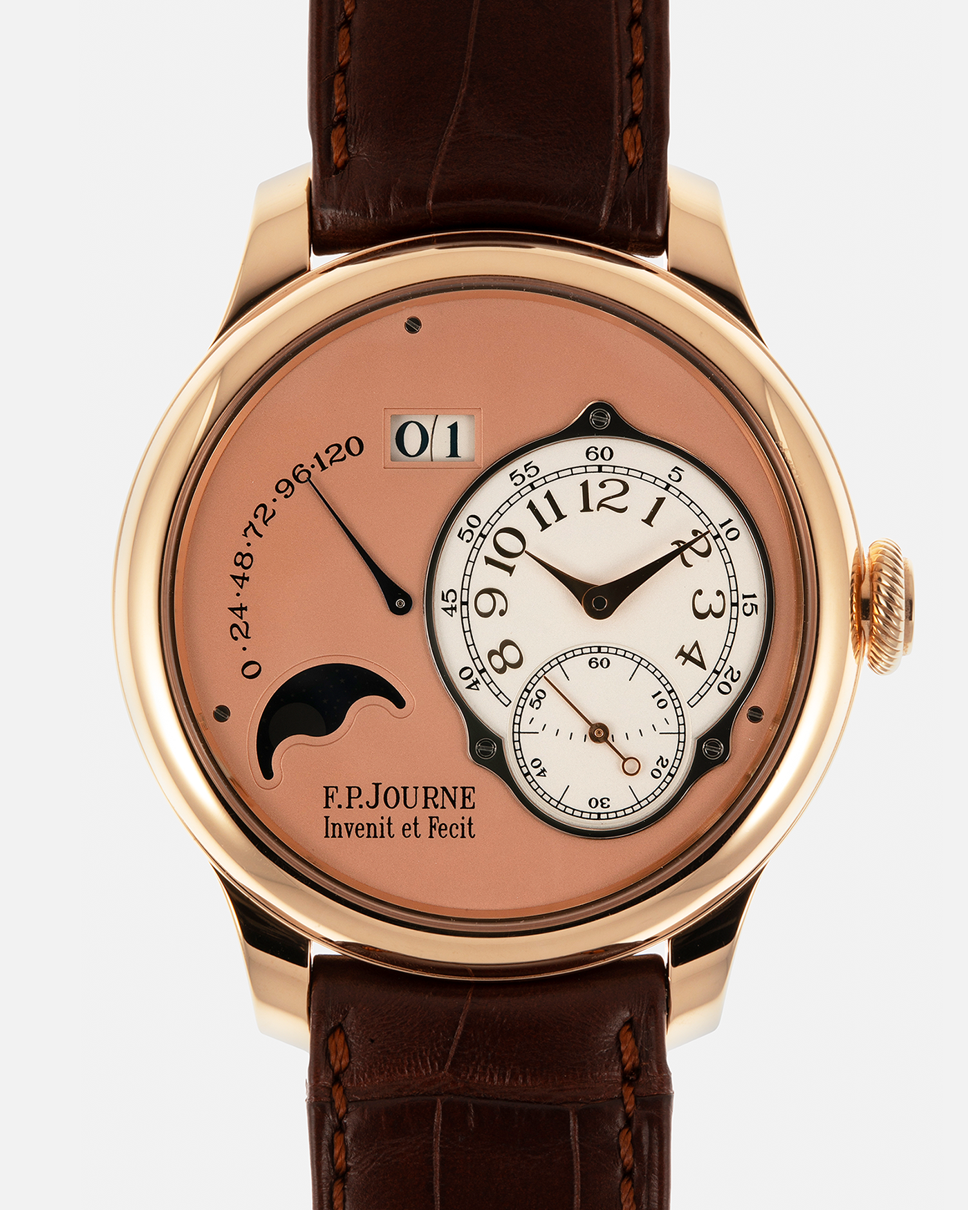 Brand: F.P. Journe
Year: 2017
Model: Octa Lune
Reference: LN
Material: 18-carat Rose Gold Case, Movement (Bridges and Plate), Dial, and 22-carat Rose Gold Rotor
Movement: F.P. Journe Cal. 1300.3, Self-Winding
Case Dimensions: 42mm x 10.7mm (48mm Lug-to-Lug)
Lug Width: 20mm
Strap: F.P. Journe Dark Brown Alligator Leather Strap and Signed 18k Rose Gold Tang Buckle