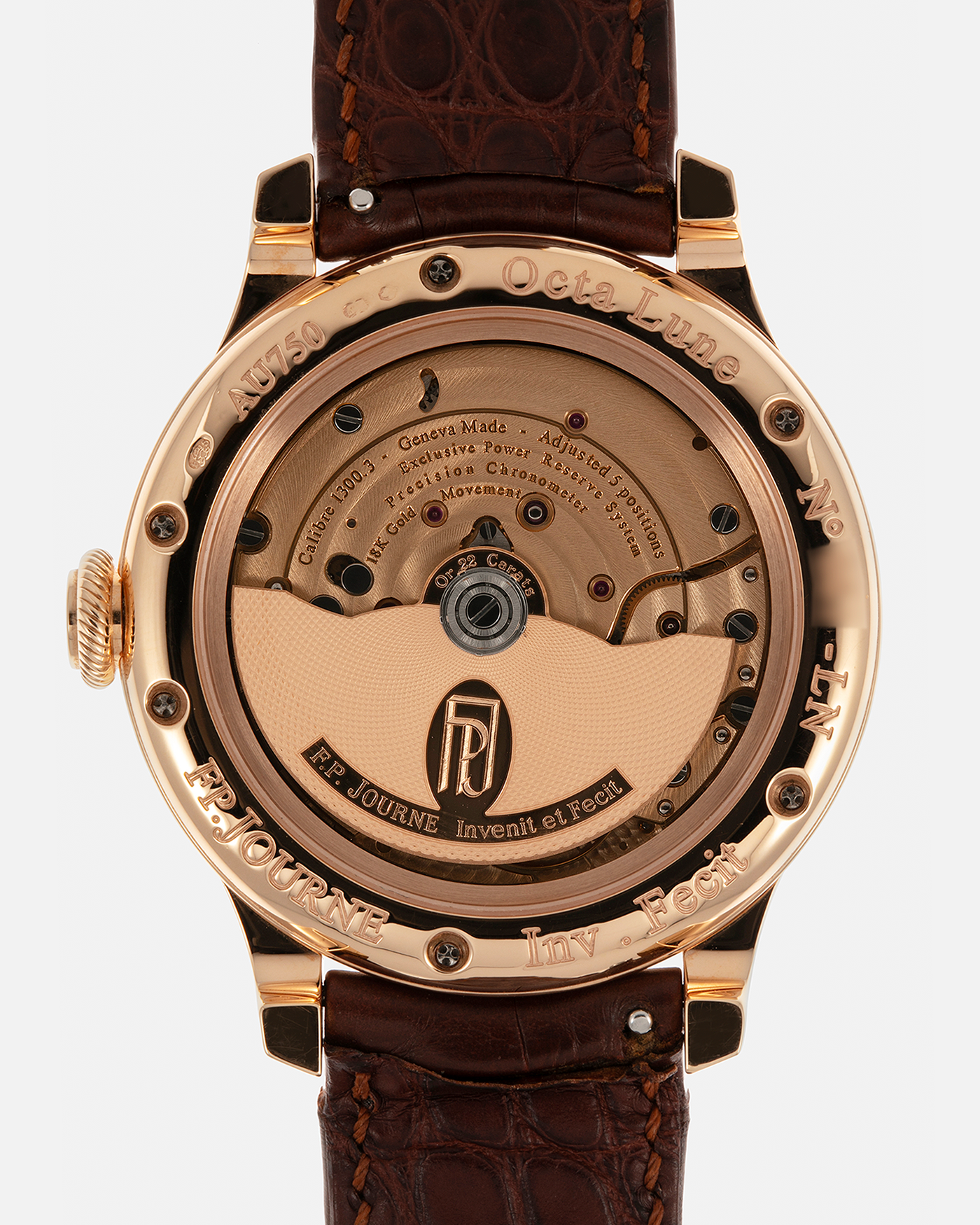 Brand: F.P. Journe
Year: 2017
Model: Octa Lune
Reference: LN
Material: 18-carat Rose Gold Case, Movement (Bridges and Plate), Dial, and 22-carat Rose Gold Rotor
Movement: F.P. Journe Cal. 1300.3, Self-Winding
Case Dimensions: 42mm x 10.7mm (48mm Lug-to-Lug)
Lug Width: 20mm
Strap: F.P. Journe Dark Brown Alligator Leather Strap and Signed 18k Rose Gold Tang Buckle