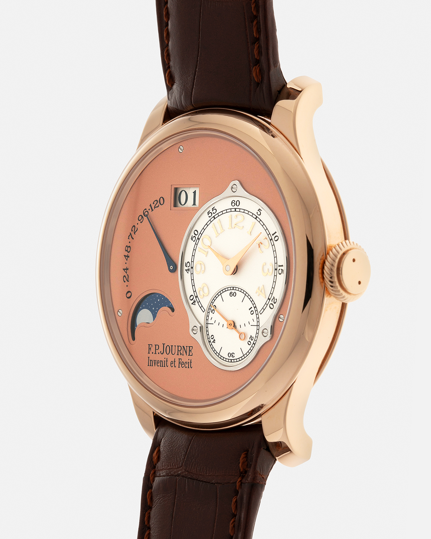 Brand: F.P. Journe
Year: 2017
Model: Octa Lune
Reference: LN
Material: 18-carat Rose Gold Case, Movement (Bridges and Plate), Dial, and 22-carat Rose Gold Rotor
Movement: F.P. Journe Cal. 1300.3, Self-Winding
Case Dimensions: 42mm x 10.7mm (48mm Lug-to-Lug)
Lug Width: 20mm
Strap: F.P. Journe Dark Brown Alligator Leather Strap and Signed 18k Rose Gold Tang Buckle