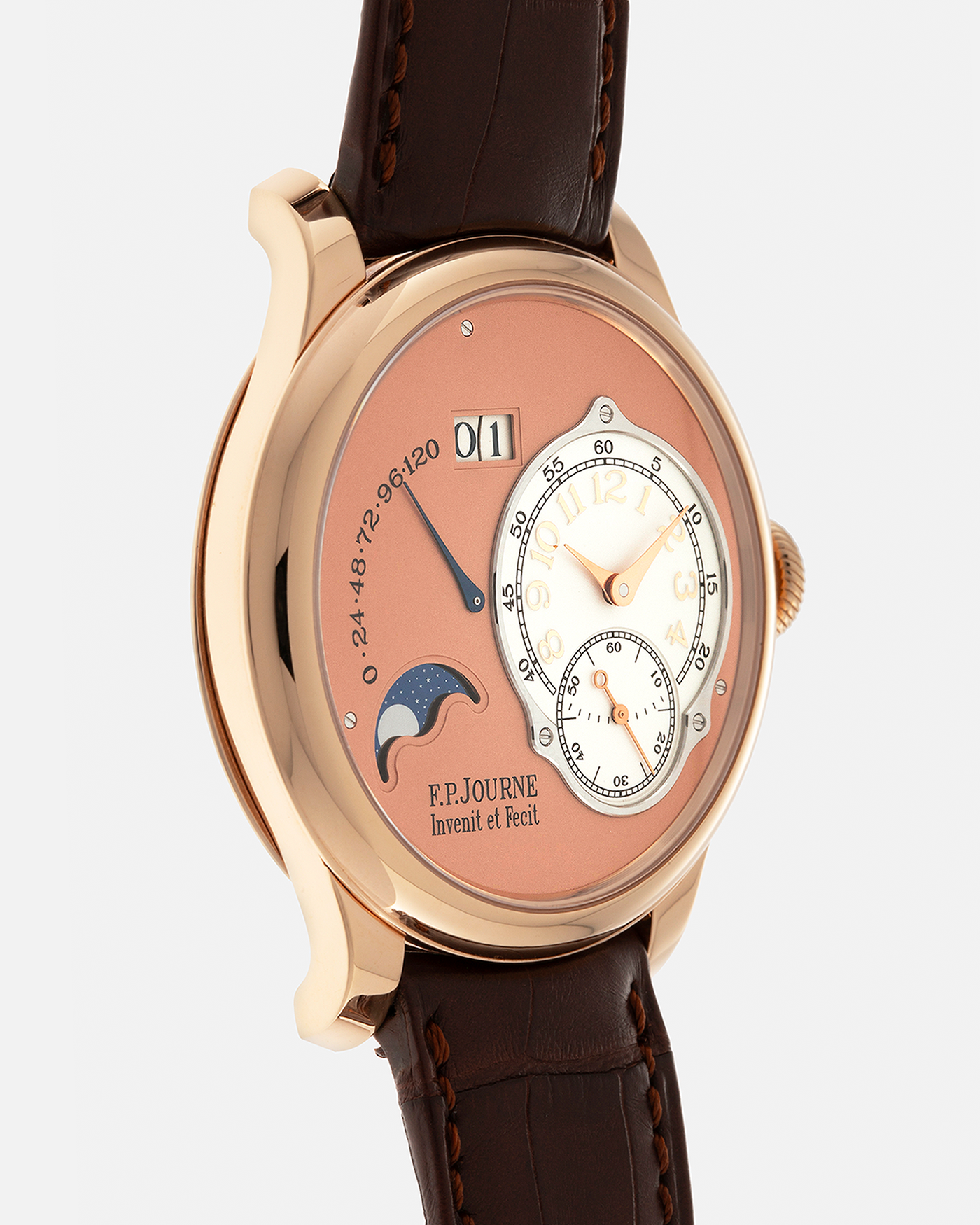 Brand: F.P. Journe
Year: 2017
Model: Octa Lune
Reference: LN
Material: 18-carat Rose Gold Case, Movement (Bridges and Plate), Dial, and 22-carat Rose Gold Rotor
Movement: F.P. Journe Cal. 1300.3, Self-Winding
Case Dimensions: 42mm x 10.7mm (48mm Lug-to-Lug)
Lug Width: 20mm
Strap: F.P. Journe Dark Brown Alligator Leather Strap and Signed 18k Rose Gold Tang Buckle