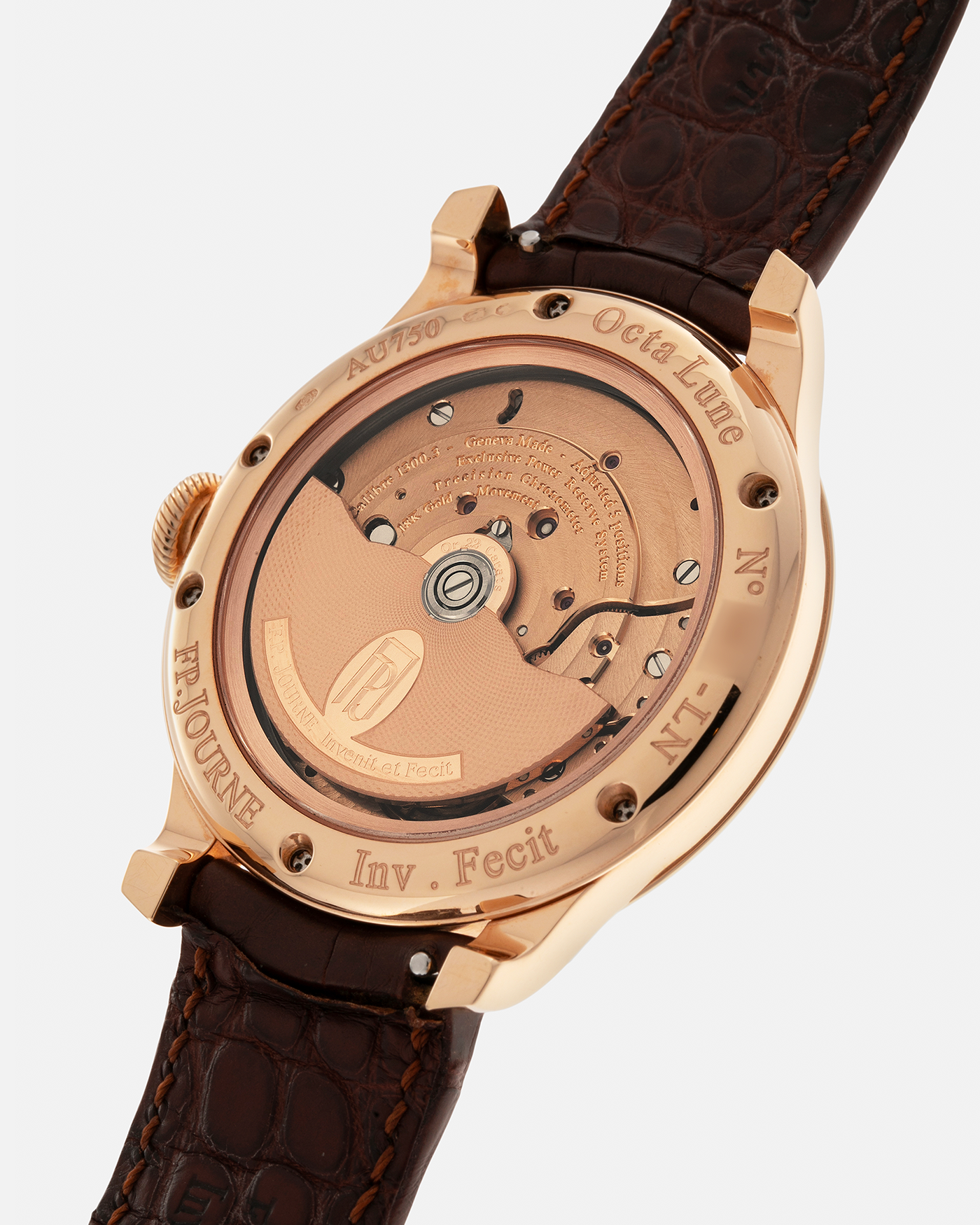 Brand: F.P. Journe
Year: 2017
Model: Octa Lune
Reference: LN
Material: 18-carat Rose Gold Case, Movement (Bridges and Plate), Dial, and 22-carat Rose Gold Rotor
Movement: F.P. Journe Cal. 1300.3, Self-Winding
Case Dimensions: 42mm x 10.7mm (48mm Lug-to-Lug)
Lug Width: 20mm
Strap: F.P. Journe Dark Brown Alligator Leather Strap and Signed 18k Rose Gold Tang Buckle
