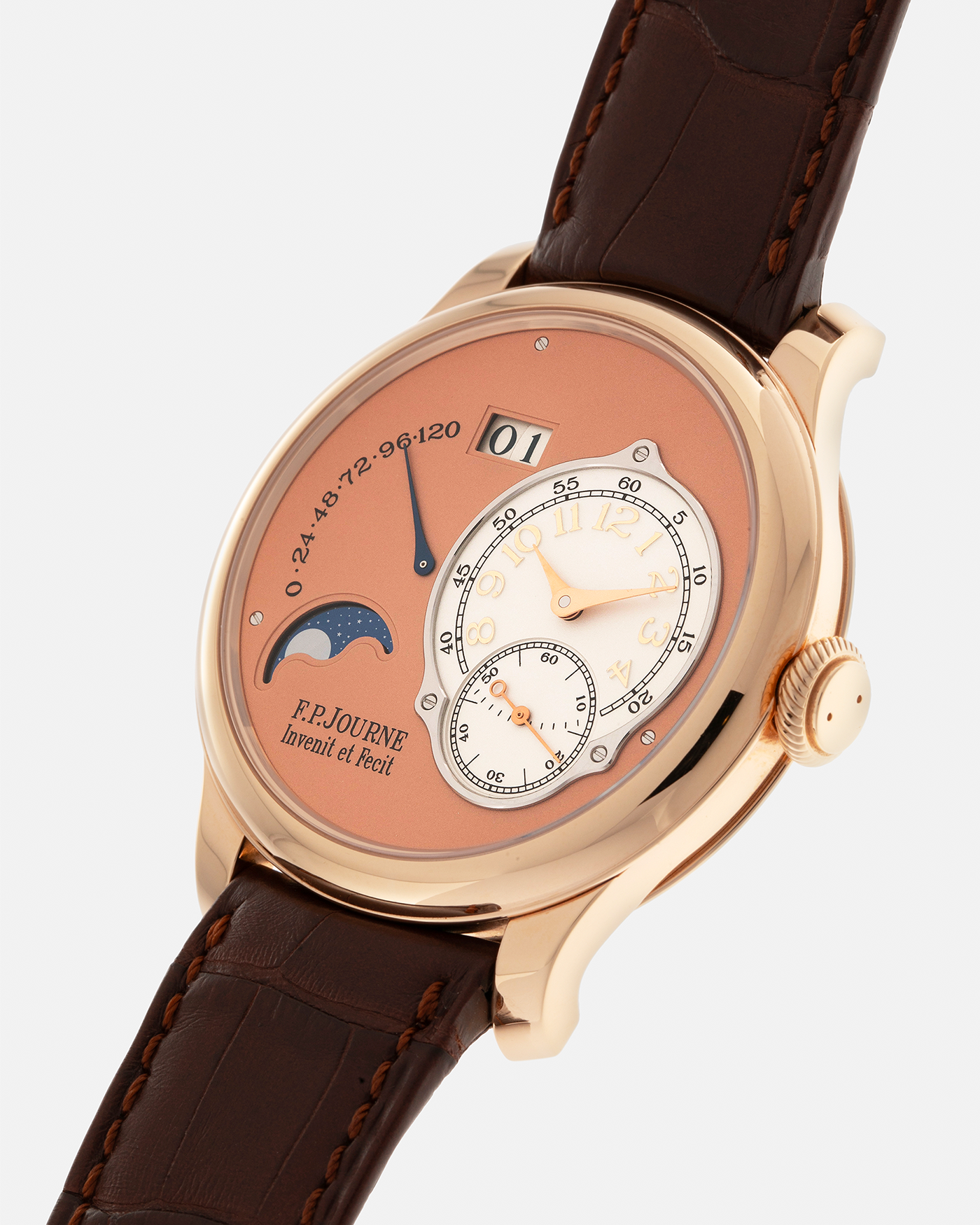 Brand: F.P. Journe
Year: 2017
Model: Octa Lune
Reference: LN
Material: 18-carat Rose Gold Case, Movement (Bridges and Plate), Dial, and 22-carat Rose Gold Rotor
Movement: F.P. Journe Cal. 1300.3, Self-Winding
Case Dimensions: 42mm x 10.7mm (48mm Lug-to-Lug)
Lug Width: 20mm
Strap: F.P. Journe Dark Brown Alligator Leather Strap and Signed 18k Rose Gold Tang Buckle