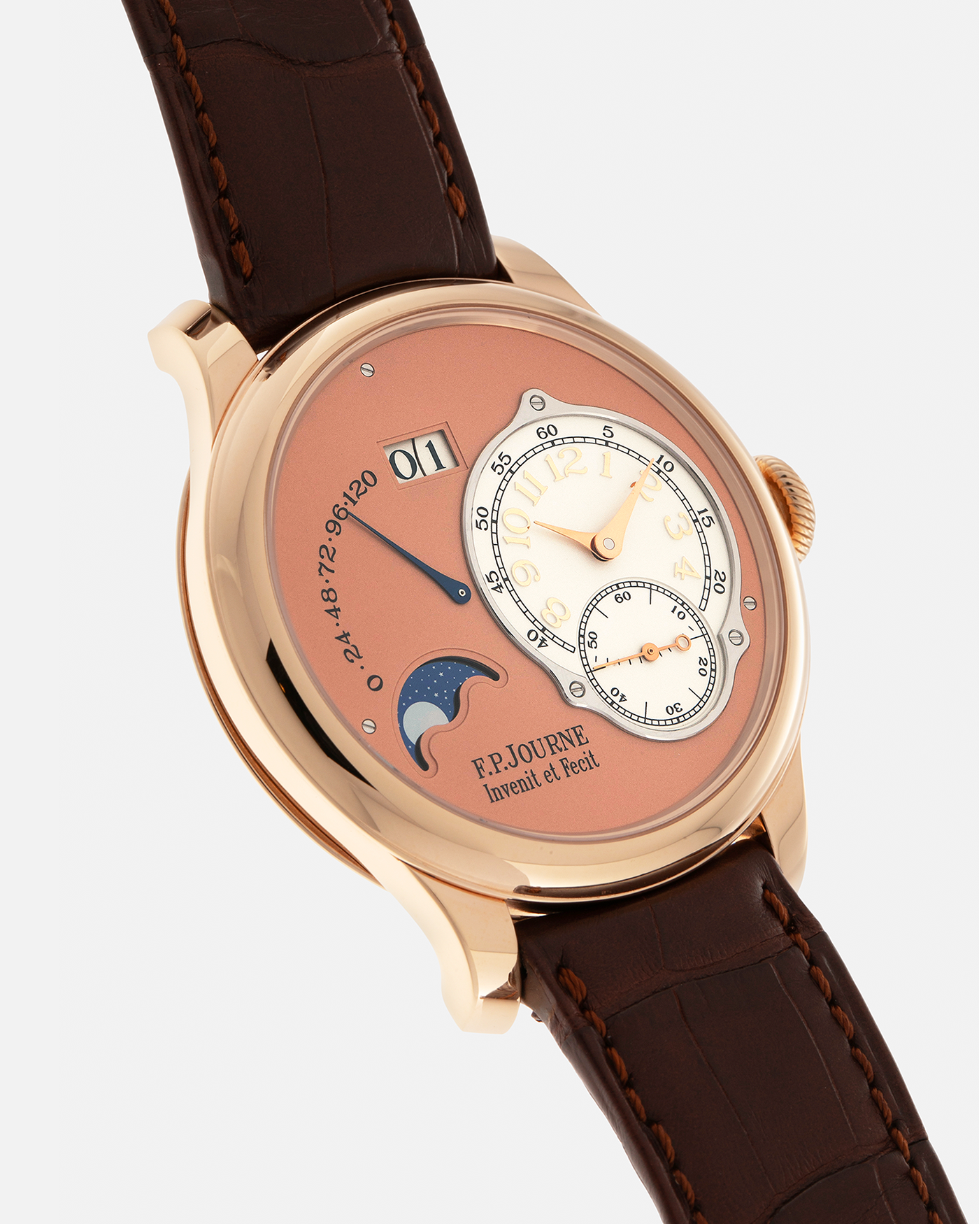 Brand: F.P. Journe
Year: 2017
Model: Octa Lune
Reference: LN
Material: 18-carat Rose Gold Case, Movement (Bridges and Plate), Dial, and 22-carat Rose Gold Rotor
Movement: F.P. Journe Cal. 1300.3, Self-Winding
Case Dimensions: 42mm x 10.7mm (48mm Lug-to-Lug)
Lug Width: 20mm
Strap: F.P. Journe Dark Brown Alligator Leather Strap and Signed 18k Rose Gold Tang Buckle