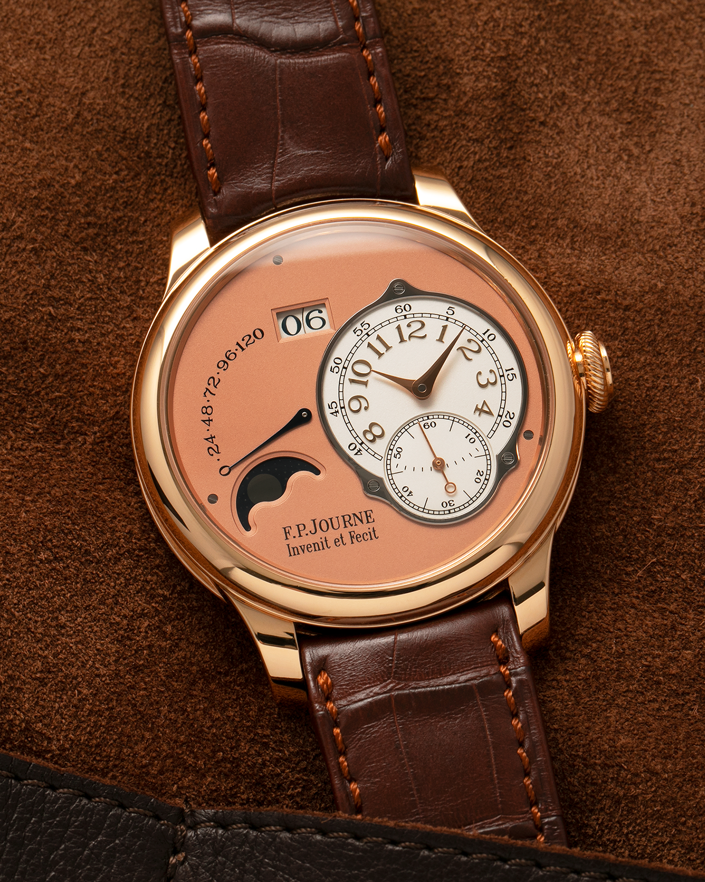 Brand: F.P. Journe
Year: 2017
Model: Octa Lune
Reference: LN
Material: 18-carat Rose Gold Case, Movement (Bridges and Plate), Dial, and 22-carat Rose Gold Rotor
Movement: F.P. Journe Cal. 1300.3, Self-Winding
Case Dimensions: 42mm x 10.7mm (48mm Lug-to-Lug)
Lug Width: 20mm
Strap: F.P. Journe Dark Brown Alligator Leather Strap and Signed 18k Rose Gold Tang Buckle