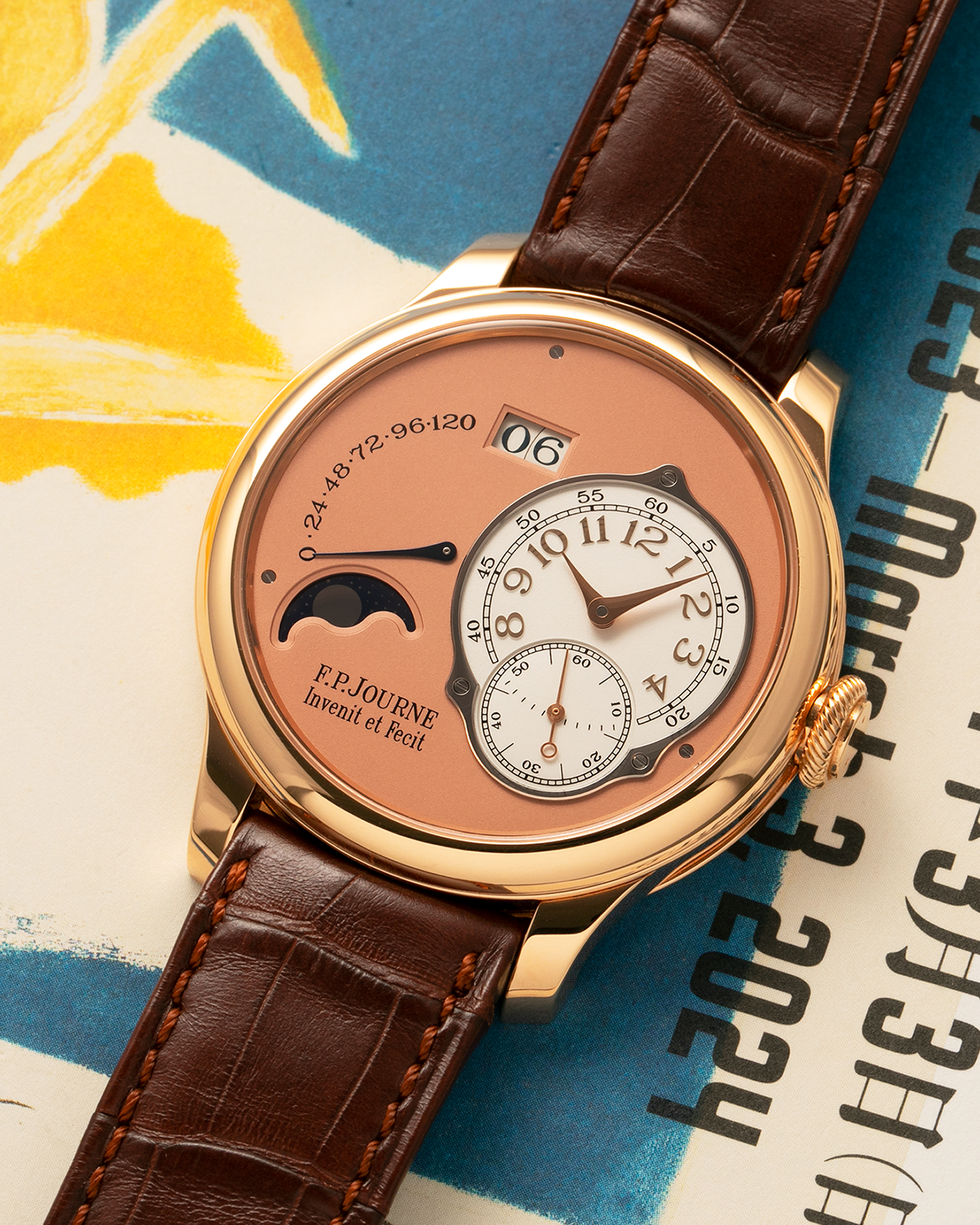 Brand: F.P. Journe
Year: 2017
Model: Octa Lune
Reference: LN
Material: 18-carat Rose Gold Case, Movement (Bridges and Plate), Dial, and 22-carat Rose Gold Rotor
Movement: F.P. Journe Cal. 1300.3, Self-Winding
Case Dimensions: 42mm x 10.7mm (48mm Lug-to-Lug)
Lug Width: 20mm
Strap: F.P. Journe Dark Brown Alligator Leather Strap and Signed 18k Rose Gold Tang Buckle