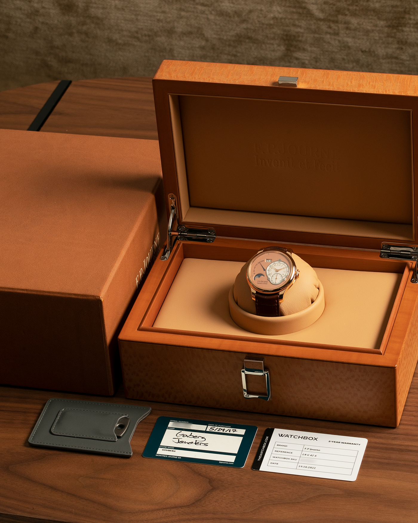 Brand: F.P. Journe
Year: 2017
Model: Octa Lune
Reference: LN
Material: 18-carat Rose Gold Case, Movement (Bridges and Plate), Dial, and 22-carat Rose Gold Rotor
Movement: F.P. Journe Cal. 1300.3, Self-Winding
Case Dimensions: 42mm x 10.7mm (48mm Lug-to-Lug)
Lug Width: 20mm
Strap: F.P. Journe Dark Brown Alligator Leather Strap and Signed 18k Rose Gold Tang Buckle
