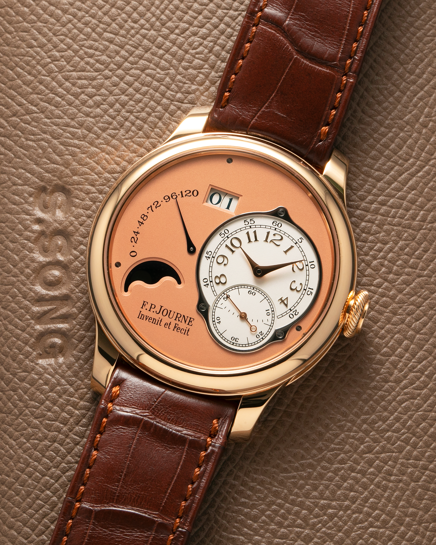 Brand: F.P. Journe
Year: 2017
Model: Octa Lune
Reference: LN
Material: 18-carat Rose Gold Case, Movement (Bridges and Plate), Dial, and 22-carat Rose Gold Rotor
Movement: F.P. Journe Cal. 1300.3, Self-Winding
Case Dimensions: 42mm x 10.7mm (48mm Lug-to-Lug)
Lug Width: 20mm
Strap: F.P. Journe Dark Brown Alligator Leather Strap and Signed 18k Rose Gold Tang Buckle