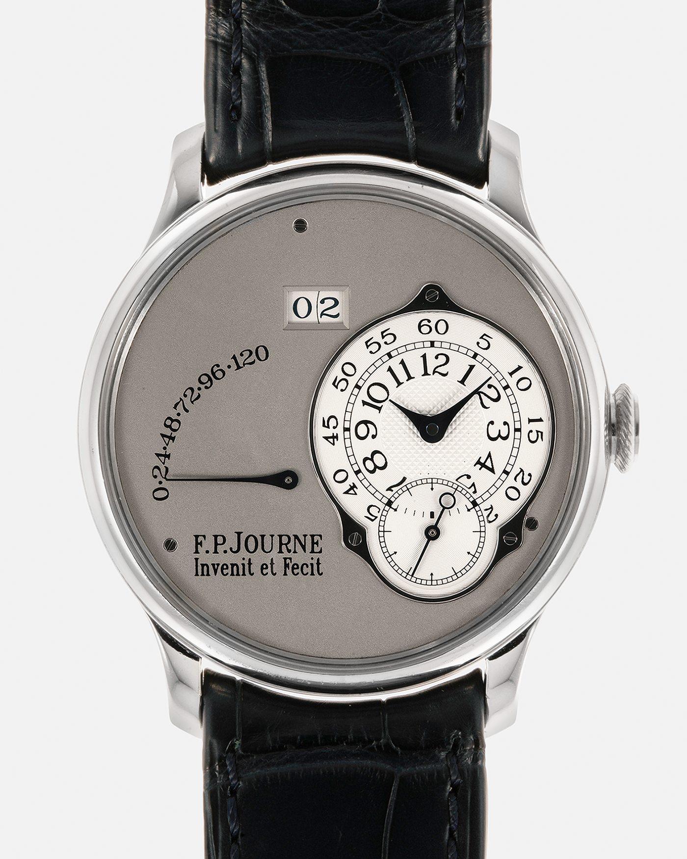 Brand: F.P. Journe
Year: 2008
Model: Octa Réserve de Marche
Material: Platinum 950 Case, Red Gold Movement
Movement: F.P. Journe Cal. 1300.3, Self-Winding
Case Dimensions: 38mm x 10mm (46.6mm Lug-to-Lug)
Lug Width: 20mm
Strap: F.P. Journe Navy Blue Alligator Leather Strap and Signed Platinum 950 Tang Buckle