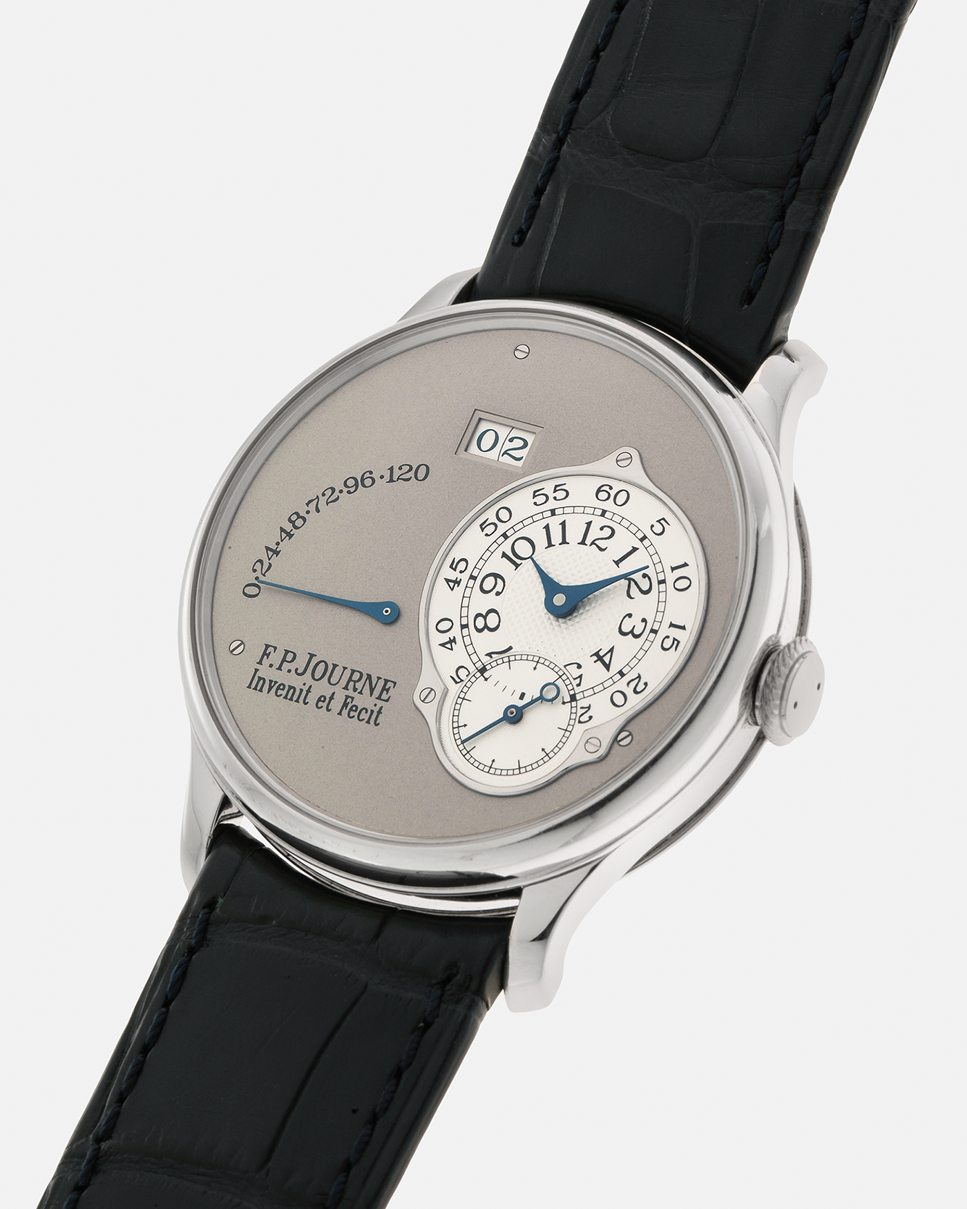 Brand: F.P. Journe
Year: 2008
Model: Octa Réserve de Marche
Material: Platinum 950 Case, Red Gold Movement
Movement: F.P. Journe Cal. 1300.3, Self-Winding
Case Dimensions: 38mm x 10mm (46.6mm Lug-to-Lug)
Lug Width: 20mm
Strap: F.P. Journe Navy Blue Alligator Leather Strap and Signed Platinum 950 Tang Buckle