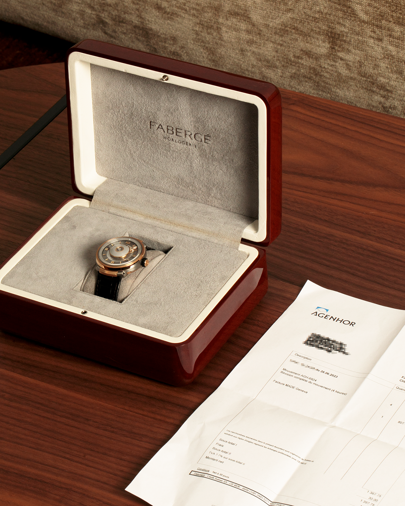 Brand: Fabergé
Year: 2016 (Approximation)
Model: Visionnaire DTZ Dual Time Zone
Material: 18k Rose Gold and Titanium
Movement: Self-Winding Agenhor AGH 6924 (Peripheral Rotor)
Case Dimensions: 43m Diameter 14.2mm Thickness
Strap: Fabergé Black Alligator Strap With Signed 18k Rose Gold Deployant Clasp