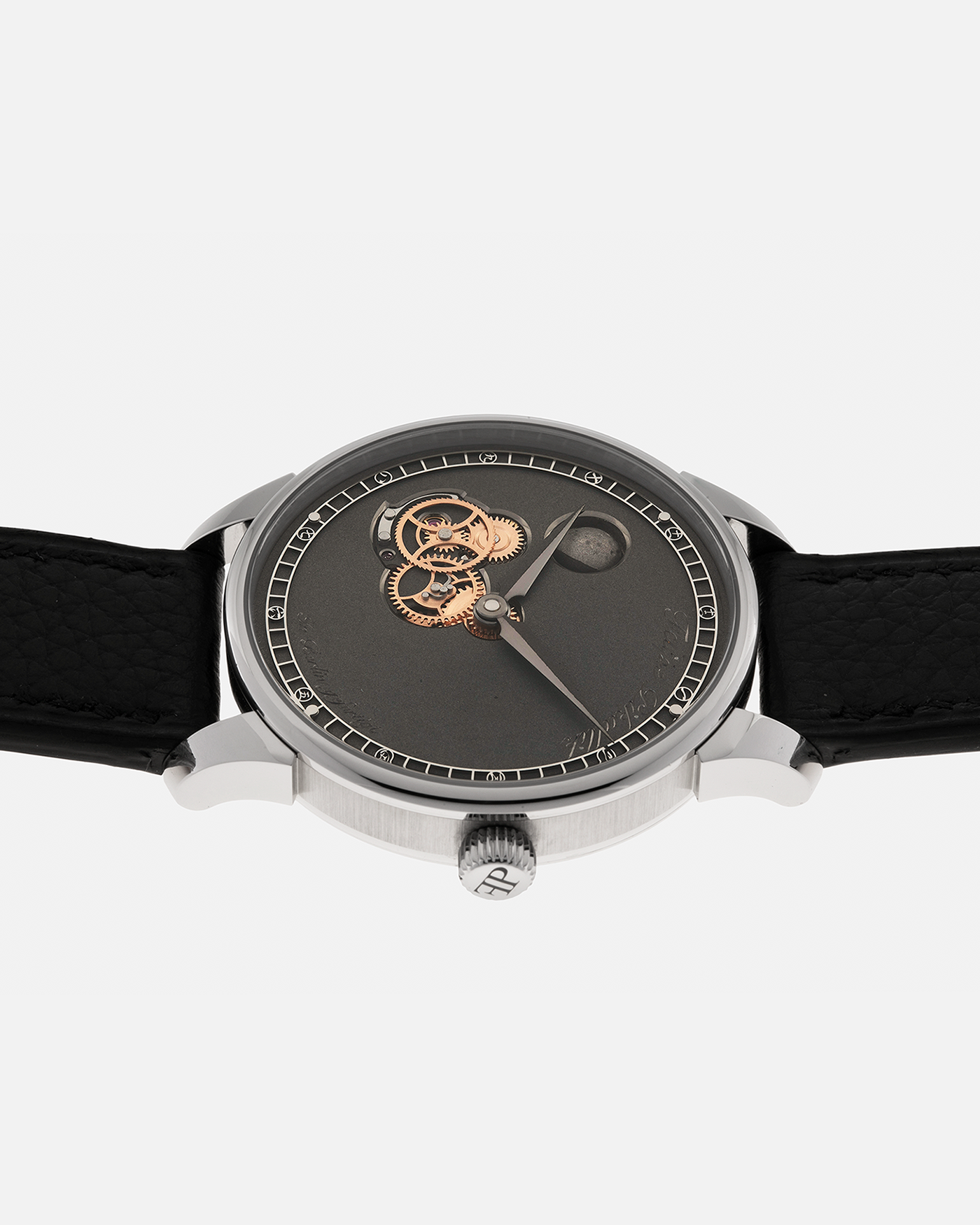 Brand: Felipe Pikullik
Year: 2024
Model: Mondphase 1, Limited Edition of 20 pieces
Material: Stainless Steel
Movement: Heavily-Modified and Hand-Decorated Unitas Cal. 6497, Manual-Winding
Case Dimensions: 41mm x 10.5mm (50mm Lug-to-Lug)
Lug Width: 20mm
Strap: Felipe Pikullik Black Alligator Leather Strap with Signed Stainless Steel Tang Buckle