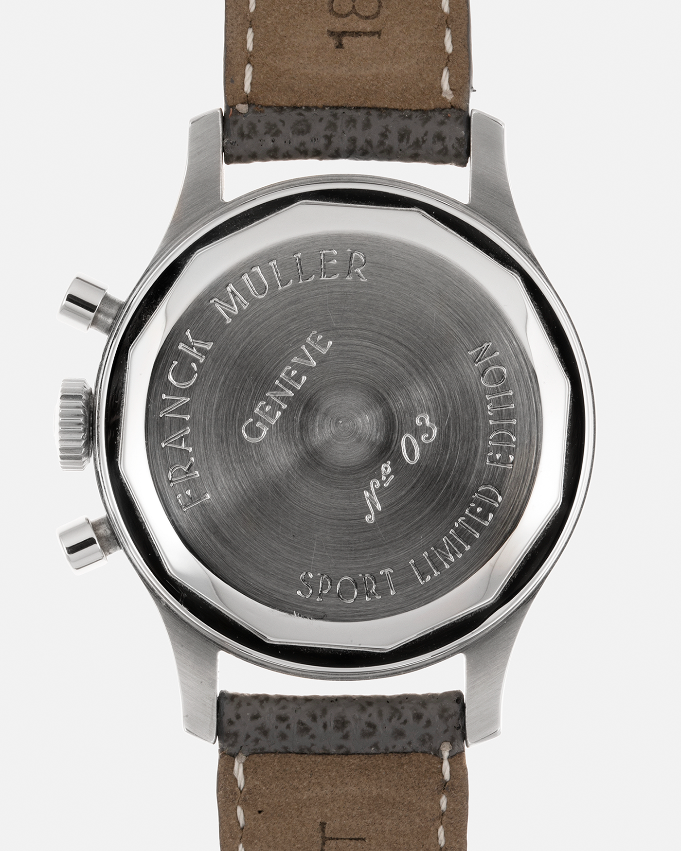 Brand: Franck Muller Year: 1990’s Model: Sport Limited Edition Chronograph Material: Stainless Steel Movement: Modified Lemania Cal. 1874, Manual-Winding Case Diameter: 37mm Lug Width: 18mm Strap: Grey Analog Shift Leather Strap