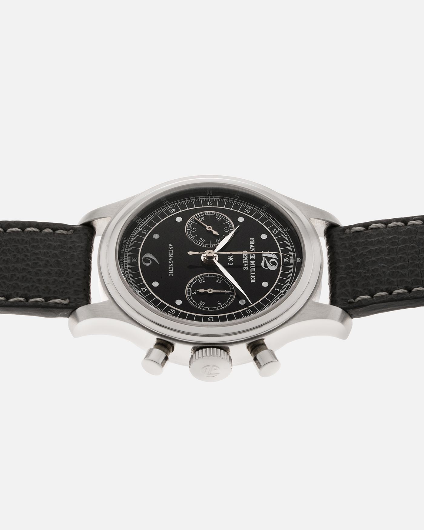 Brand: Franck Muller Year: 1990’s Model: Sport Limited Edition Chronograph Material: Stainless Steel Movement: Modified Lemania Cal. 1874, Manual-Winding Case Diameter: 37mm Lug Width: 18mm Strap: Grey Analog Shift Leather Strap