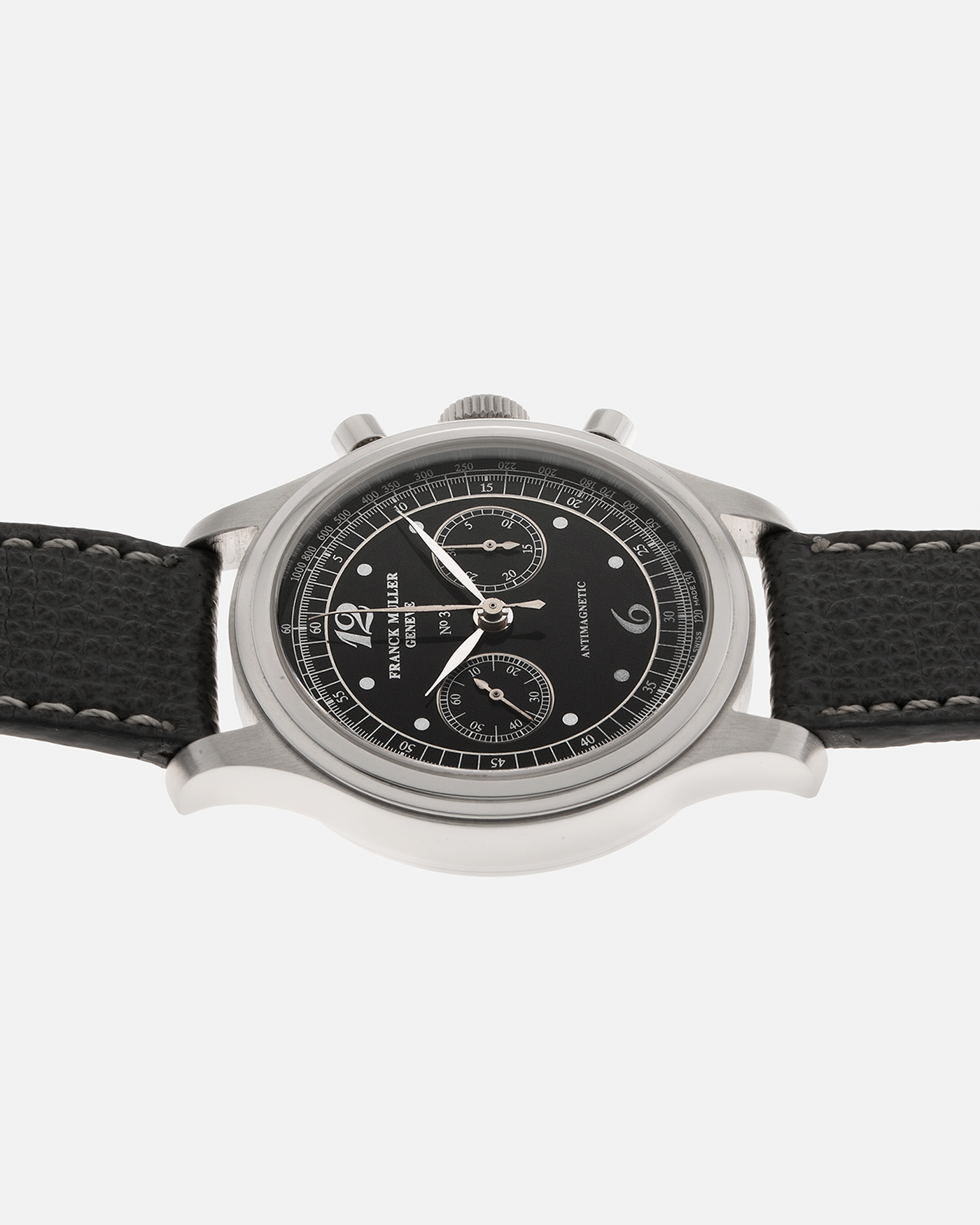 Brand: Franck Muller Year: 1990’s Model: Sport Limited Edition Chronograph Material: Stainless Steel Movement: Modified Lemania Cal. 1874, Manual-Winding Case Diameter: 37mm Lug Width: 18mm Strap: Grey Analog Shift Leather Strap
