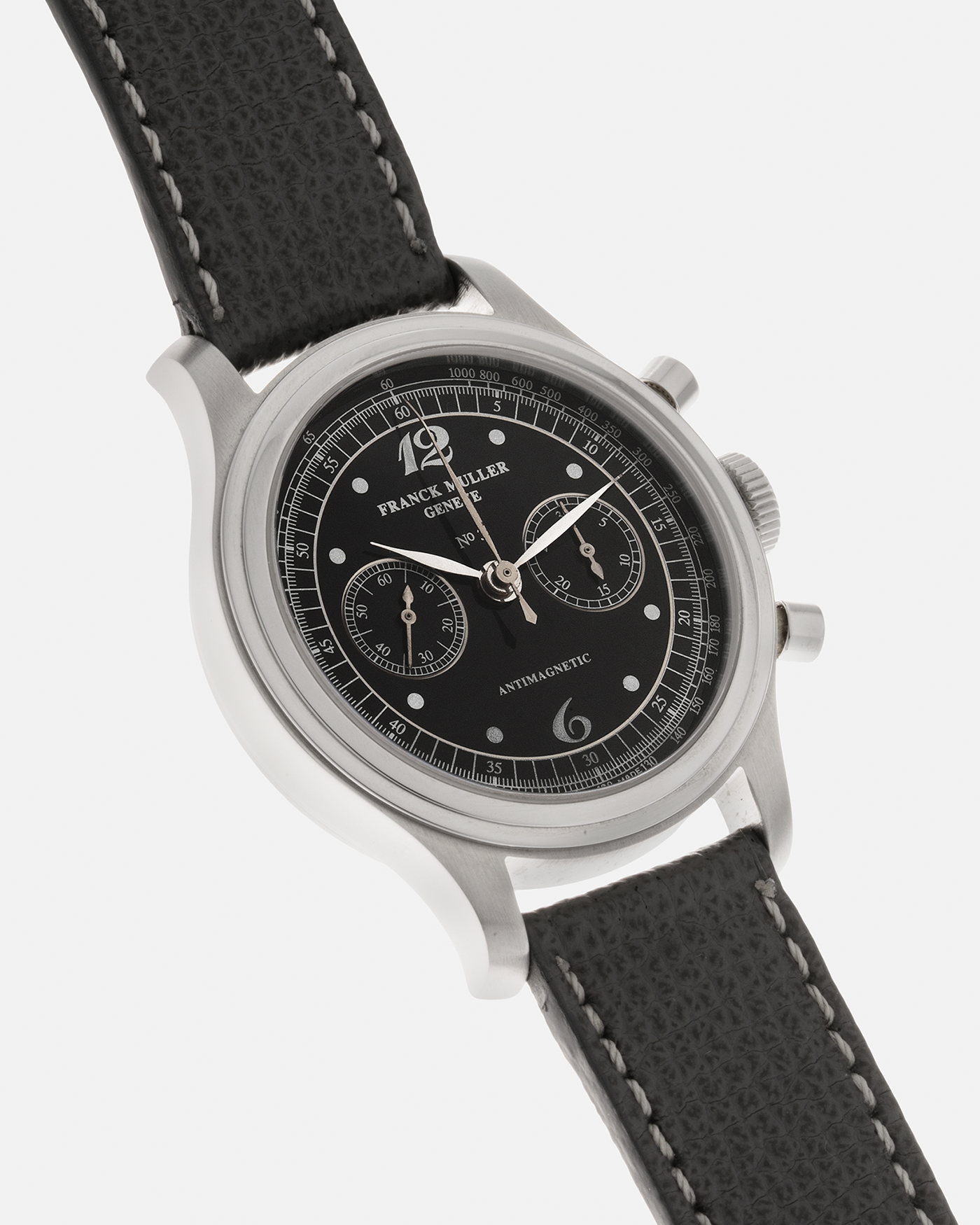 Brand: Franck Muller Year: 1990’s Model: Sport Limited Edition Chronograph Material: Stainless Steel Movement: Modified Lemania Cal. 1874, Manual-Winding Case Diameter: 37mm Lug Width: 18mm Strap: Grey Analog Shift Leather Strap