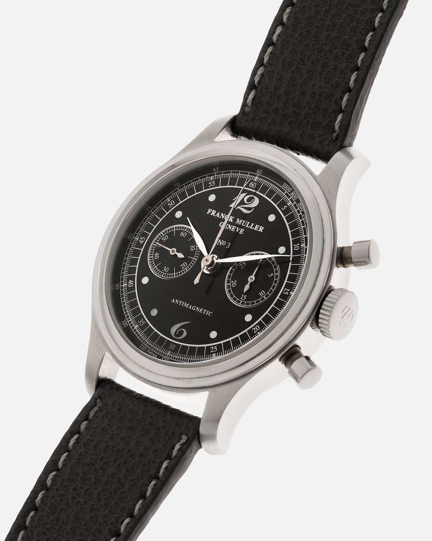 Brand: Franck Muller Year: 1990’s Model: Sport Limited Edition Chronograph Material: Stainless Steel Movement: Modified Lemania Cal. 1874, Manual-Winding Case Diameter: 37mm Lug Width: 18mm Strap: Grey Analog Shift Leather Strap