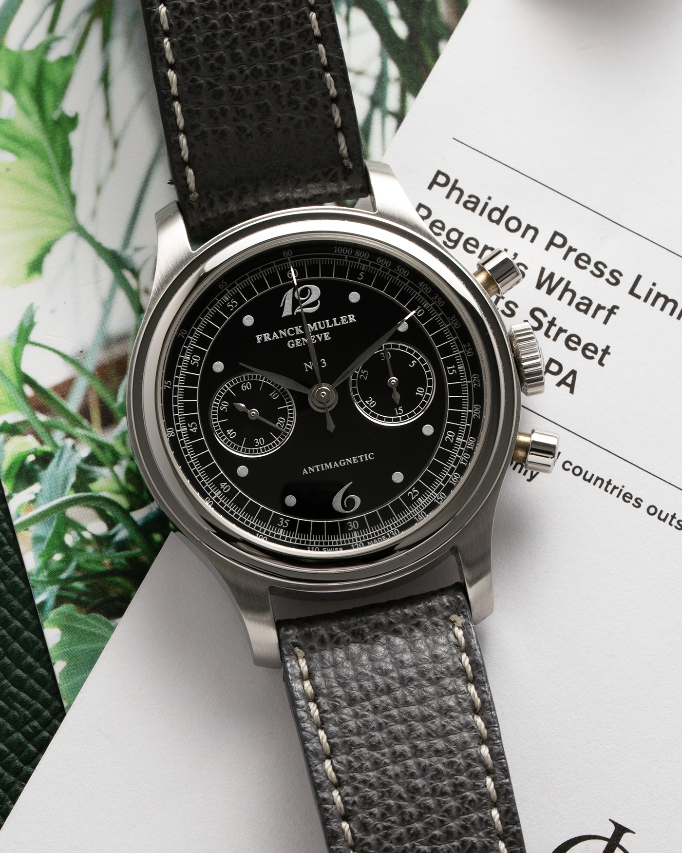 Brand: Franck Muller Year: 1990’s Model: Sport Limited Edition Chronograph Material: Stainless Steel Movement: Modified Lemania Cal. 1874, Manual-Winding Case Diameter: 37mm Lug Width: 18mm Strap: Grey Analog Shift Leather Strap