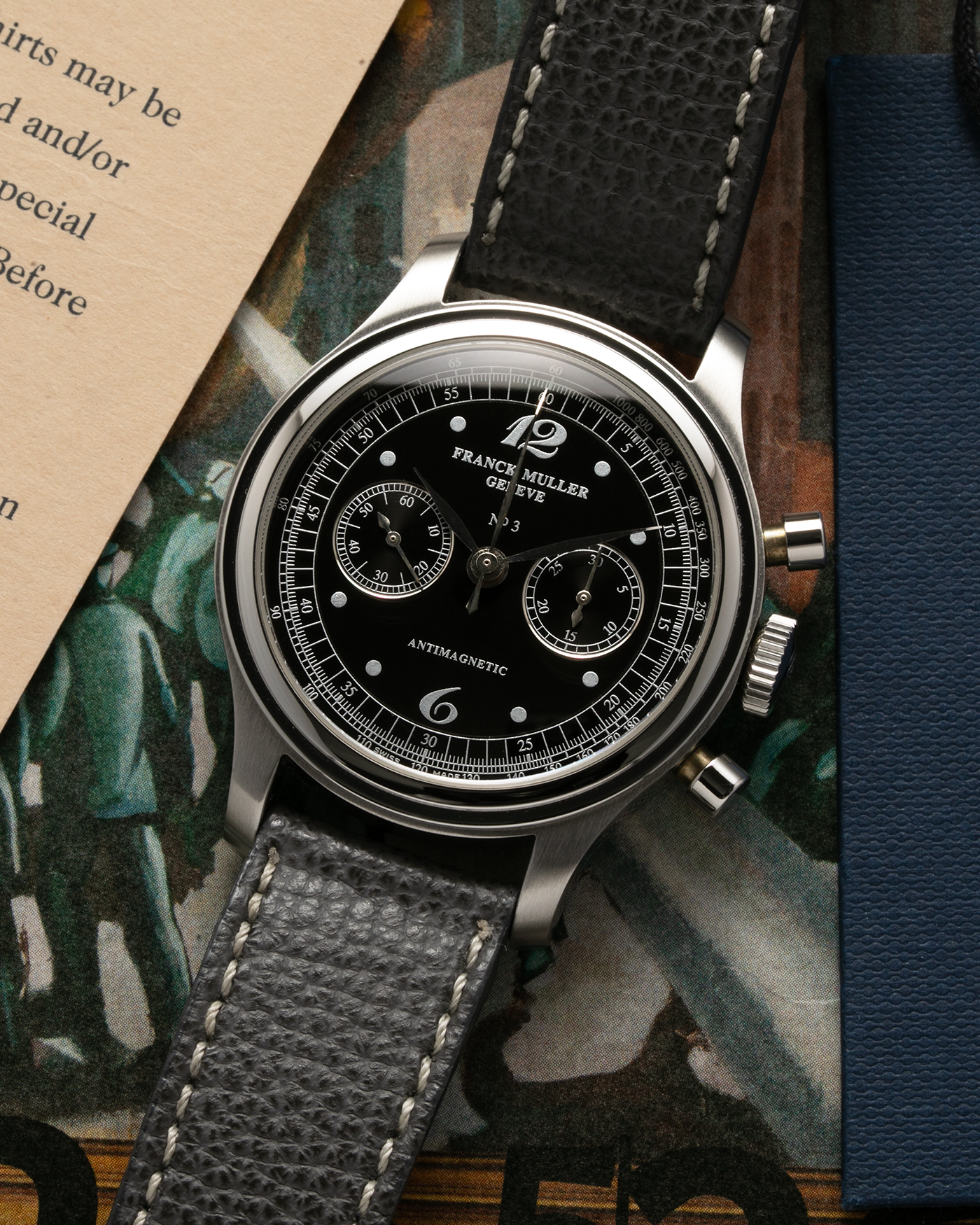 Brand: Franck Muller Year: 1990’s Model: Sport Limited Edition Chronograph Material: Stainless Steel Movement: Modified Lemania Cal. 1874, Manual-Winding Case Diameter: 37mm Lug Width: 18mm Strap: Grey Analog Shift Leather Strap