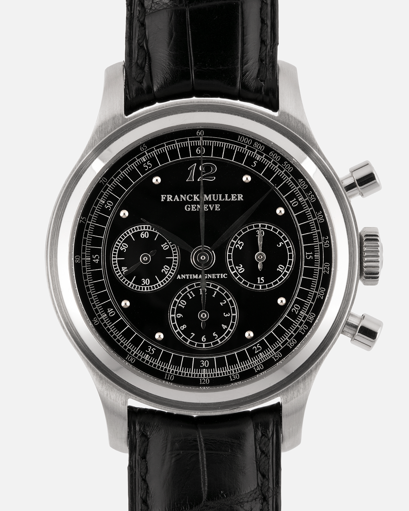 Brand: Franck Muller
Year: 1990’s
Model: Sport Limited Edition Chronograph, Mercedes-Benz Edition
Material: Stainless Steel
Movement: Modified Lemania Cal. 1874, Manual-Winding
Case Dimensions: 37mm Diameter, 12.5mm Thickness
Lug Width: 18mm
Bracelet: Franck Muller Black Alligator Strap with Stainless Steel Franck Muller Tang Buckle