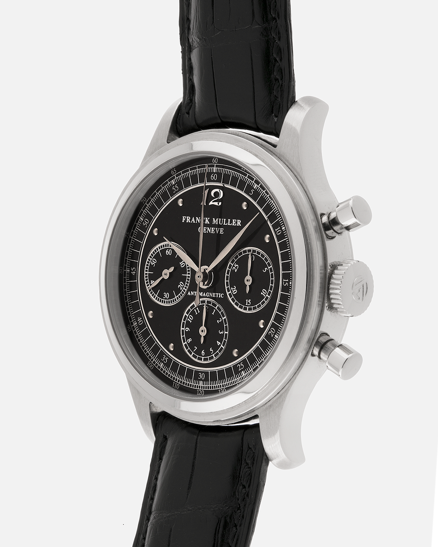 Brand: Franck Muller
Year: 1990’s
Model: Sport Limited Edition Chronograph, Mercedes-Benz Edition
Material: Stainless Steel
Movement: Modified Lemania Cal. 1874, Manual-Winding
Case Dimensions: 37mm Diameter, 12.5mm Thickness
Lug Width: 18mm
Bracelet: Franck Muller Black Alligator Strap with Stainless Steel Franck Muller Tang Buckle