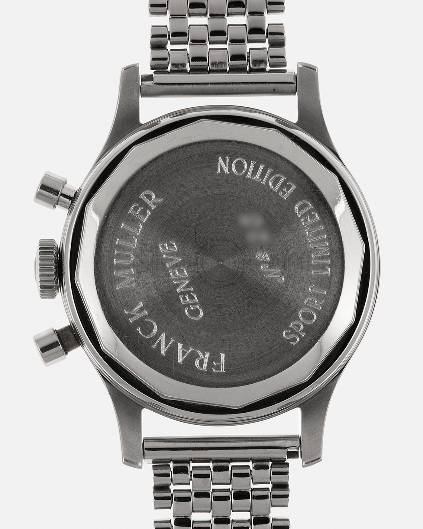 Brand: Franck Muller
Year: 1990’s
Model: Sport Limited Edition Chronograph
Material: Stainless Steel
Movement: Modified Lemania Cal. 1874, Manual-Winding
Case Dimensions: 37mm x 12.5mm (Lug-to-Lug 46.3mm)
Lug Width: 18mm
Bracelet: Private Eyes Beads of Rice Bracelet in Stainless Steel