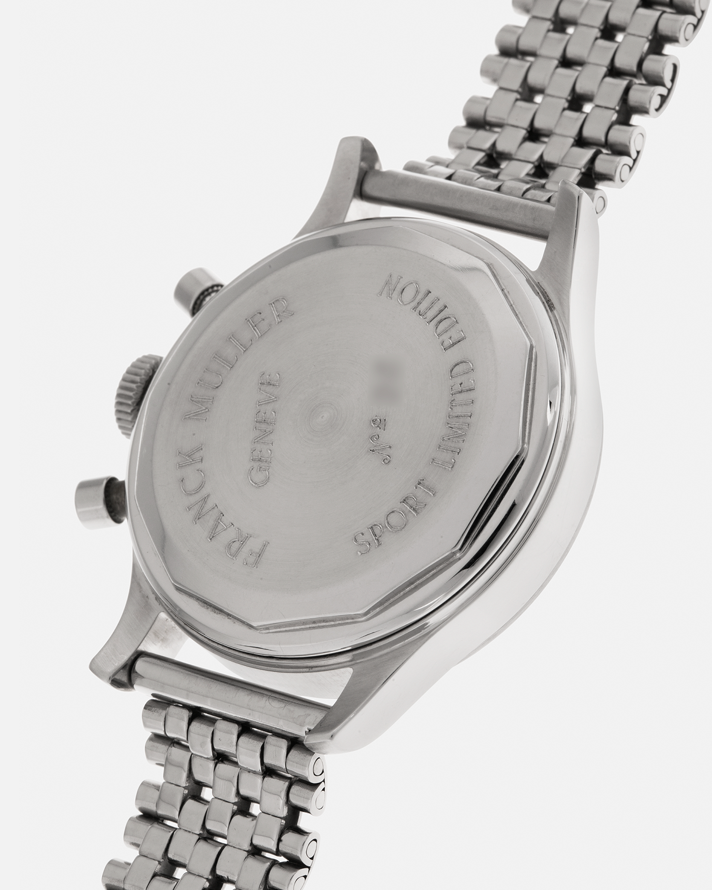 Brand: Franck Muller
Year: 1990’s
Model: Sport Limited Edition Chronograph
Material: Stainless Steel
Movement: Modified Lemania Cal. 1874, Manual-Winding
Case Dimensions: 37mm x 12.5mm (Lug-to-Lug 46.3mm)
Lug Width: 18mm
Bracelet: Private Eyes Beads of Rice Bracelet in Stainless Steel