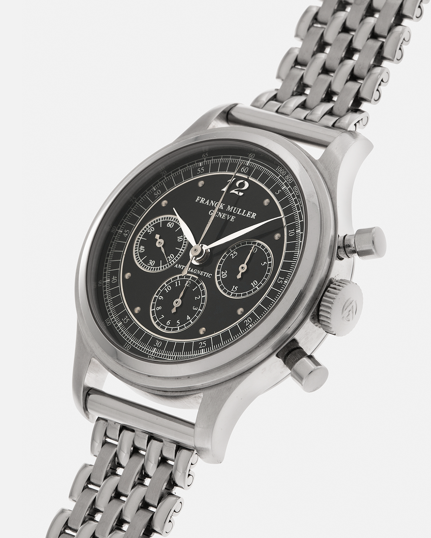 Brand: Franck Muller
Year: 1990’s
Model: Sport Limited Edition Chronograph
Material: Stainless Steel
Movement: Modified Lemania Cal. 1874, Manual-Winding
Case Dimensions: 37mm x 12.5mm (Lug-to-Lug 46.3mm)
Lug Width: 18mm
Bracelet: Private Eyes Beads of Rice Bracelet in Stainless Steel