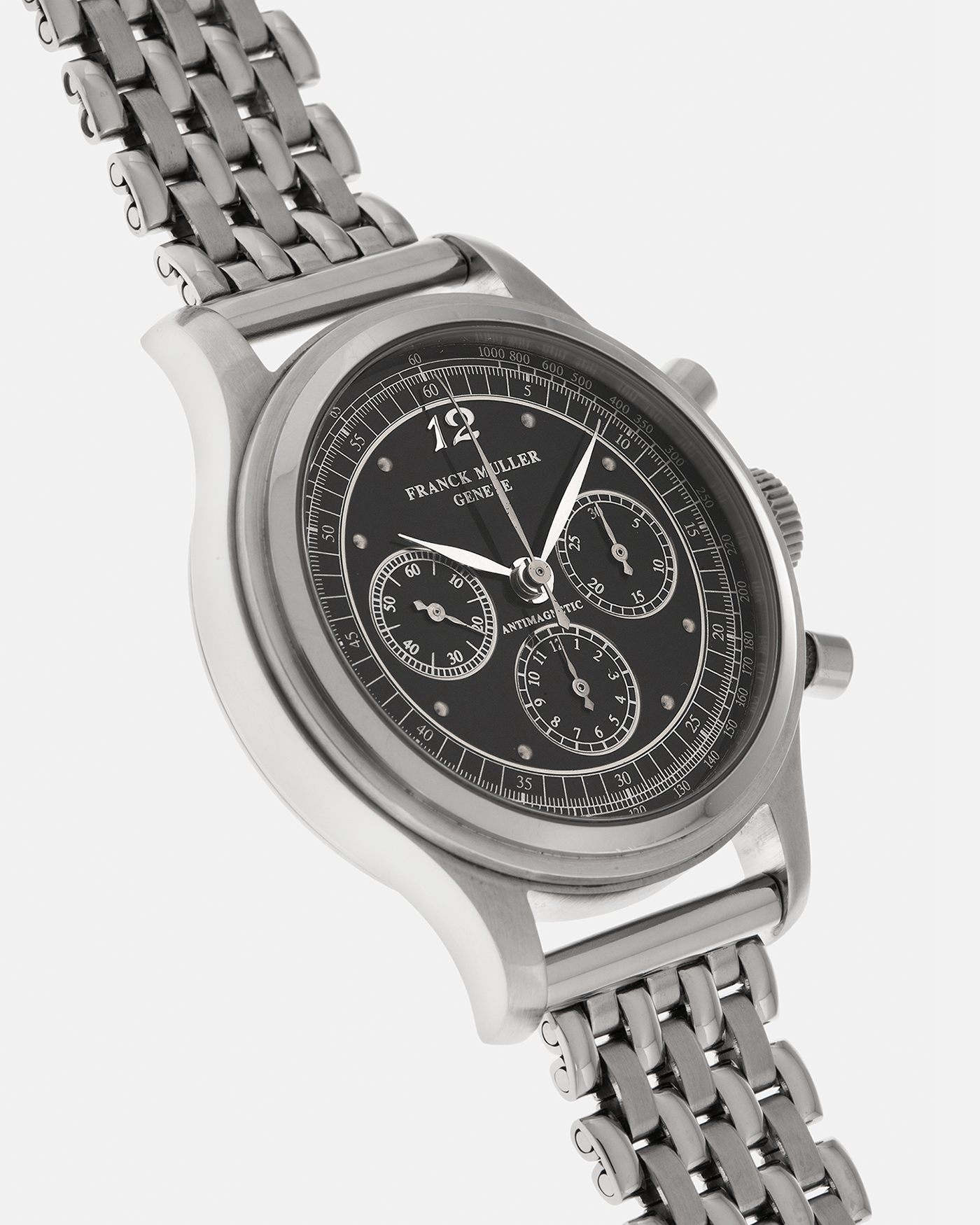 Brand: Franck Muller
Year: 1990’s
Model: Sport Limited Edition Chronograph
Material: Stainless Steel
Movement: Modified Lemania Cal. 1874, Manual-Winding
Case Dimensions: 37mm x 12.5mm (Lug-to-Lug 46.3mm)
Lug Width: 18mm
Bracelet: Private Eyes Beads of Rice Bracelet in Stainless Steel